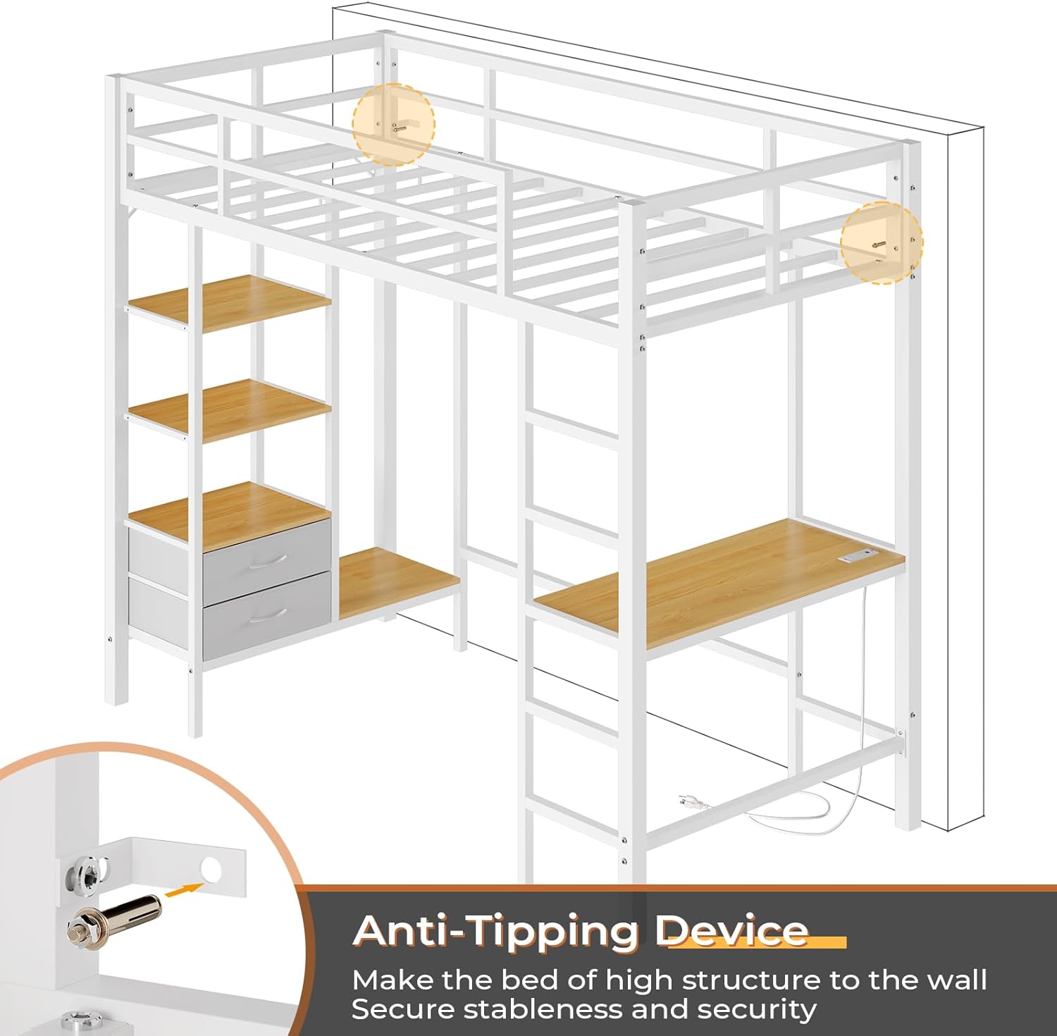 Mabor Twin Loft Bed with Desk&Charging Stations&Led Lights, LED Metal Loft Bed Frame with Storage Shelves&Drawers&Clothes Rail, Safety Guard & Ladder, Black