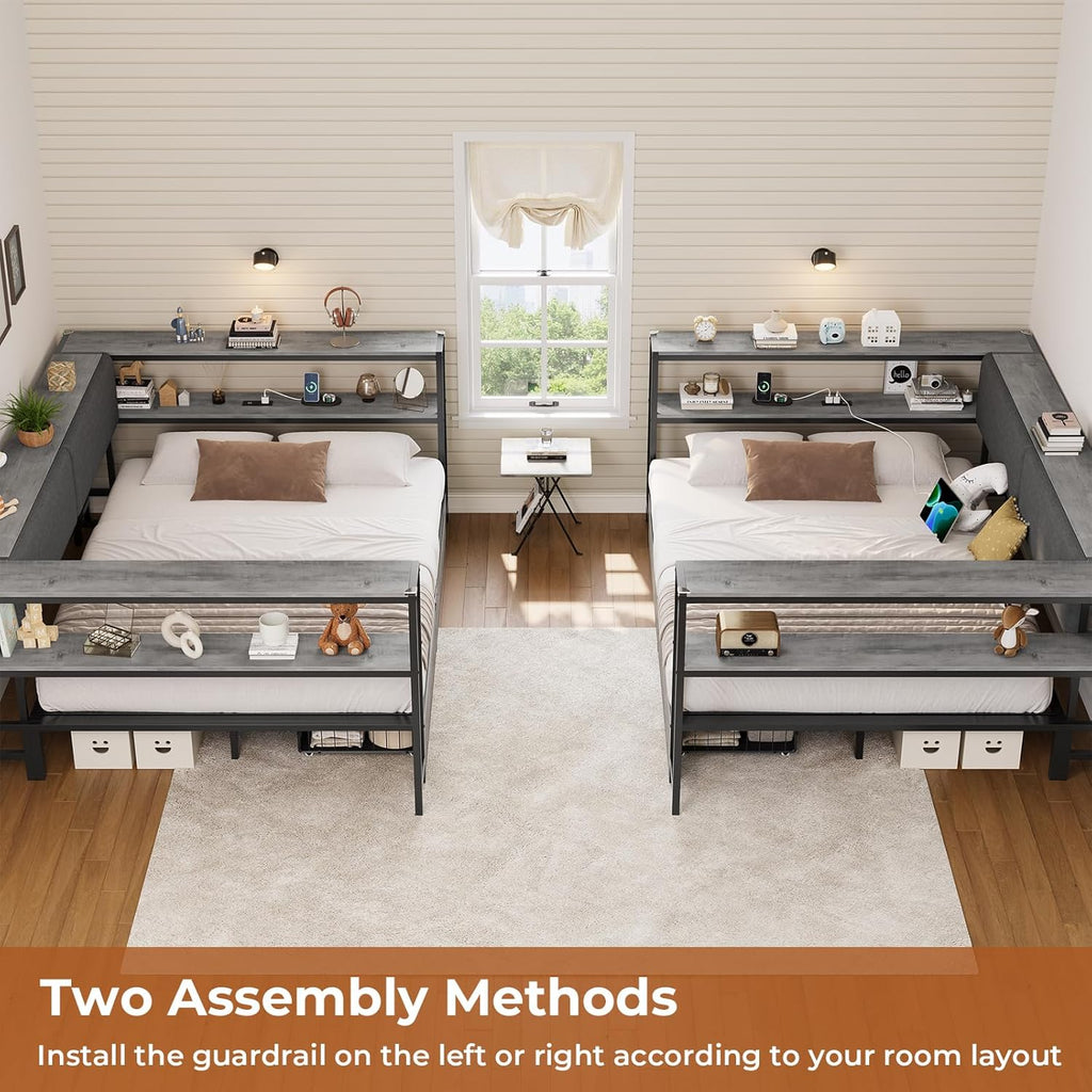 Mabor Corner Bed Frame Twin/Full Size Daybeds with 2 Drawers & Charging Station & Storage Shelves for Bedroom, Black/Gray