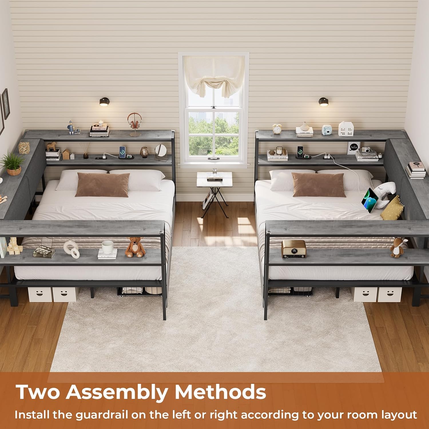 Mabor Corner Bed Frame Twin/Full Size Daybeds with 2 Drawers & Charging Station & Storage Shelves for Bedroom, Black/Gray