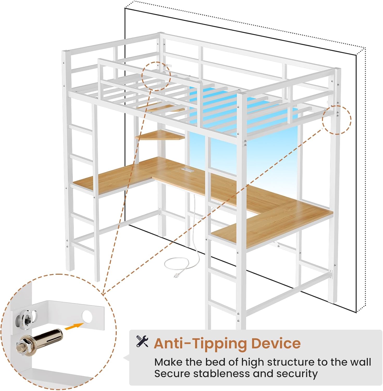 Twin Size Metal Loft Bed Frame with U shaped Desk&Charging Station&LED Lights, Twin Loft Bed Frame with Storage Shelves, Safety Guard & Ladder, Black