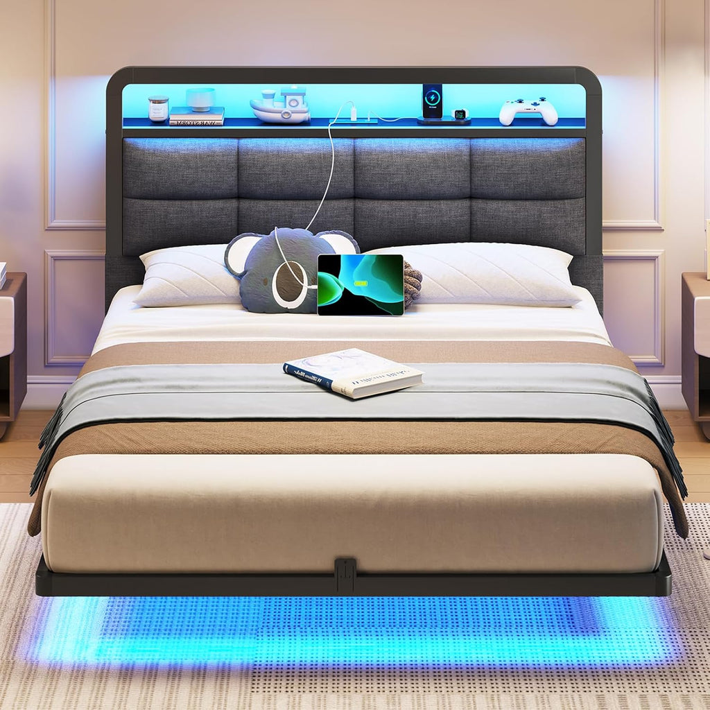 Mabor Floating Bed Frame with Storage Headboard and Charging Station and LED Lights, Full/Twin Size