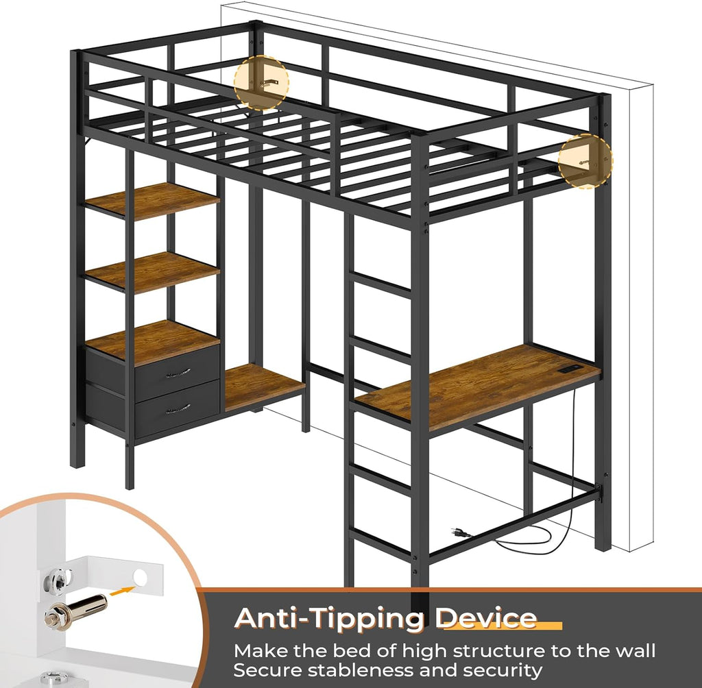 Mabor Twin Loft Bed with Desk&Charging Stations&Led Lights, LED Metal Loft Bed Frame with Storage Shelves&Drawers&Clothes Rail, Safety Guard & Ladder, Black