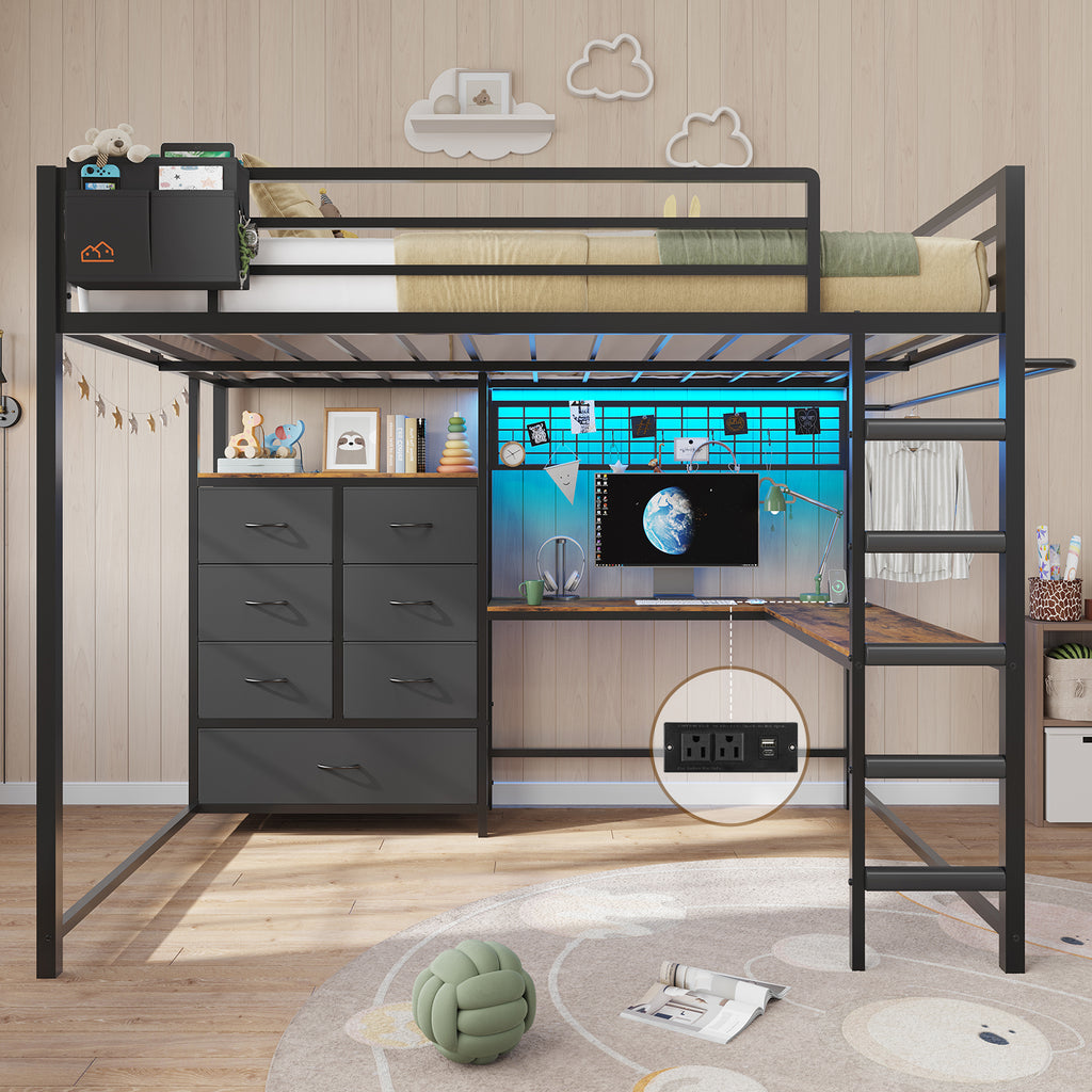 Mabor Twin/Full Size Loft Bed Frame with L-Shaped Desk & Charging Station & LED Lights & 7 Storage Drawers for Bedroom, Black/White