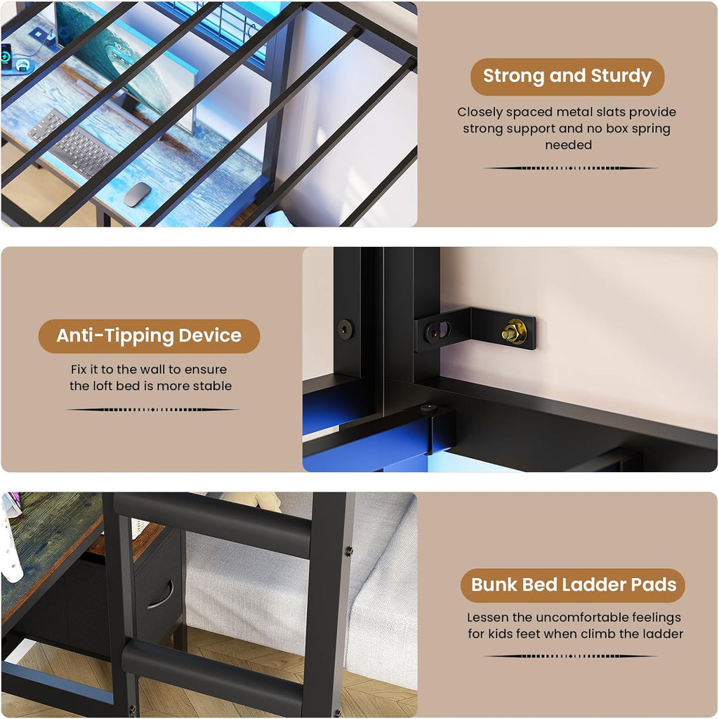 Mabor Metal Bunk Bed with Desk Twin Over Twin Size Bunk Bed with Charging Station and LED Lights, Twin Size Loft Bed Frame with Storage Shelves and Drawers for Bedroom, No Box Spring Needed, Black