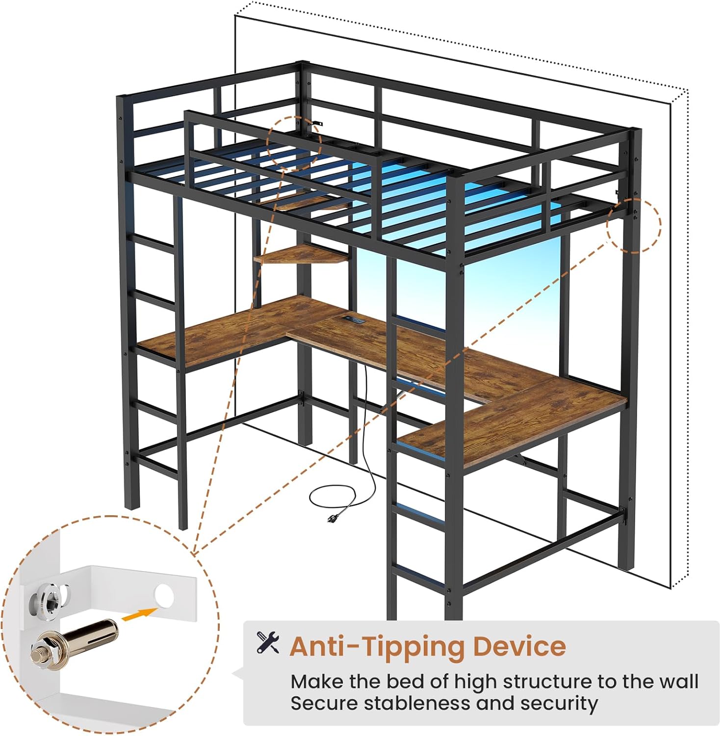 Twin Size Metal Loft Bed Frame with U shaped Desk&Charging Station&LED Lights, Twin Loft Bed Frame with Storage Shelves, Safety Guard & Ladder, Black