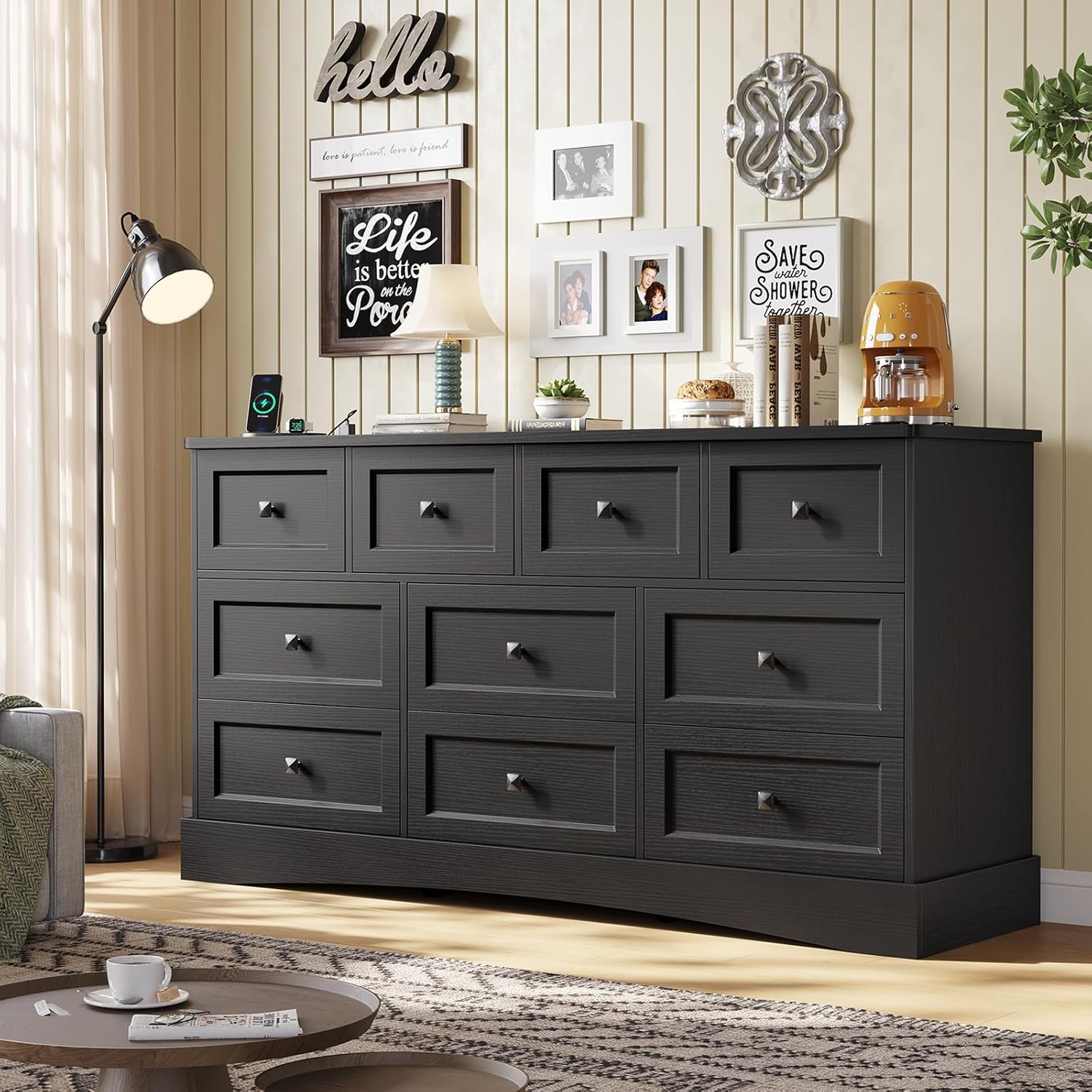 Mabor 10 Drawers Dresser with Charging Station for Bedroom, Farmhouse Chest of Drawers, Black/White