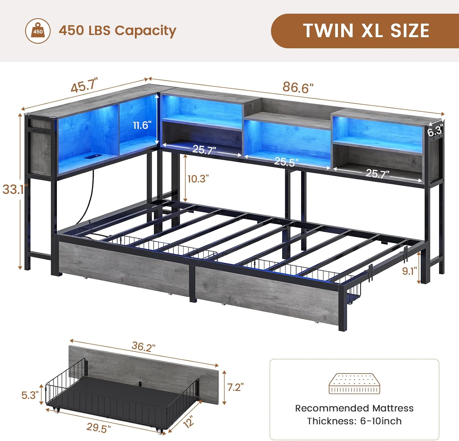 Mabor Metal Daybed Corner Bed Frame with 2 Drawers & Charging Station & Led Light &Bookcase Storage, Twin/Twin XL/Full Size
