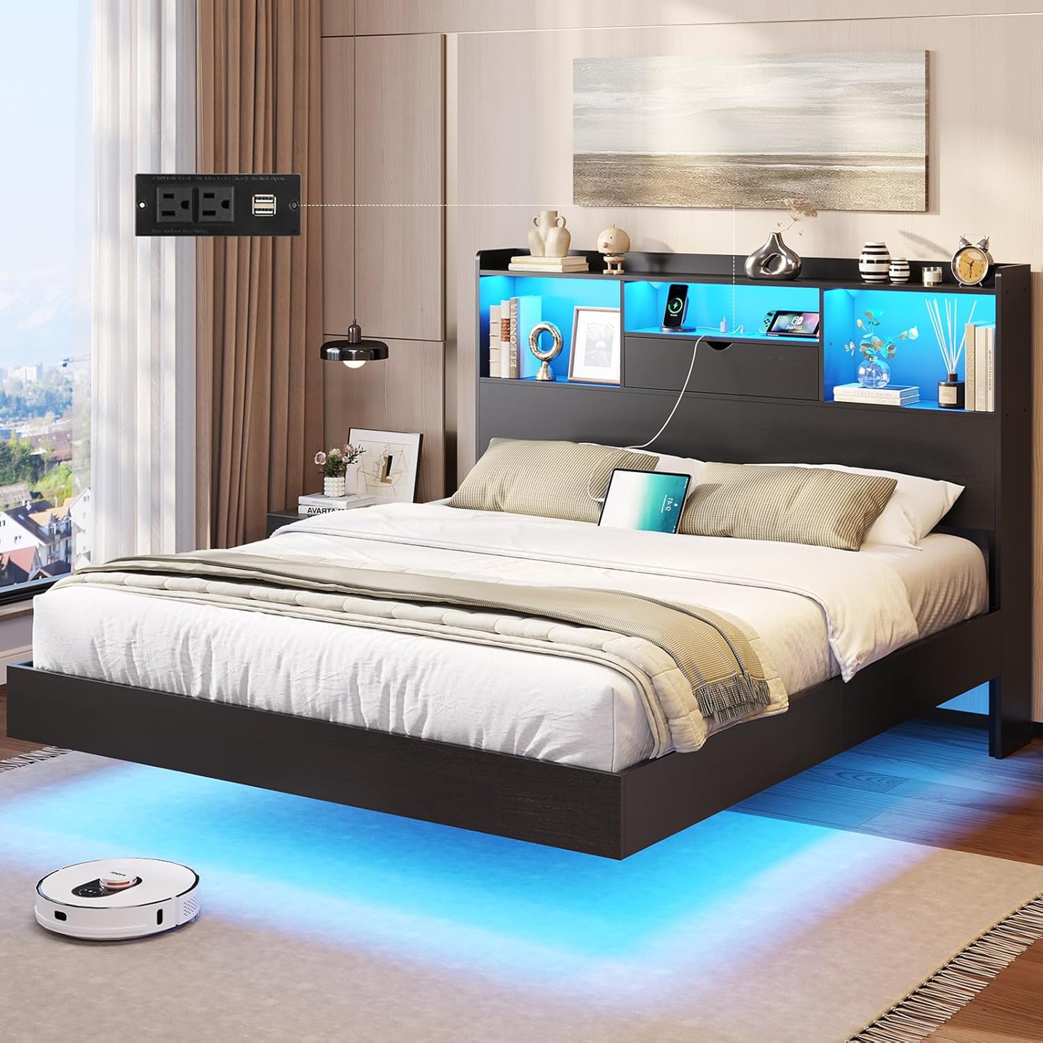 Floating Bed Frame with Charging Station&LED Lights, Full/Queen/King/California King Size Beds,No Box Spring Need
