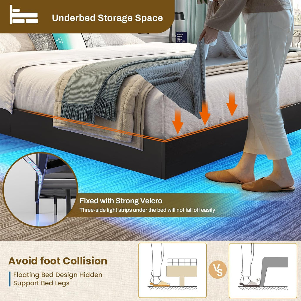 Floating Bed Frame with Charging Station&LED Lights, Full/Queen/King/California King Size Beds,No Box Spring Need
