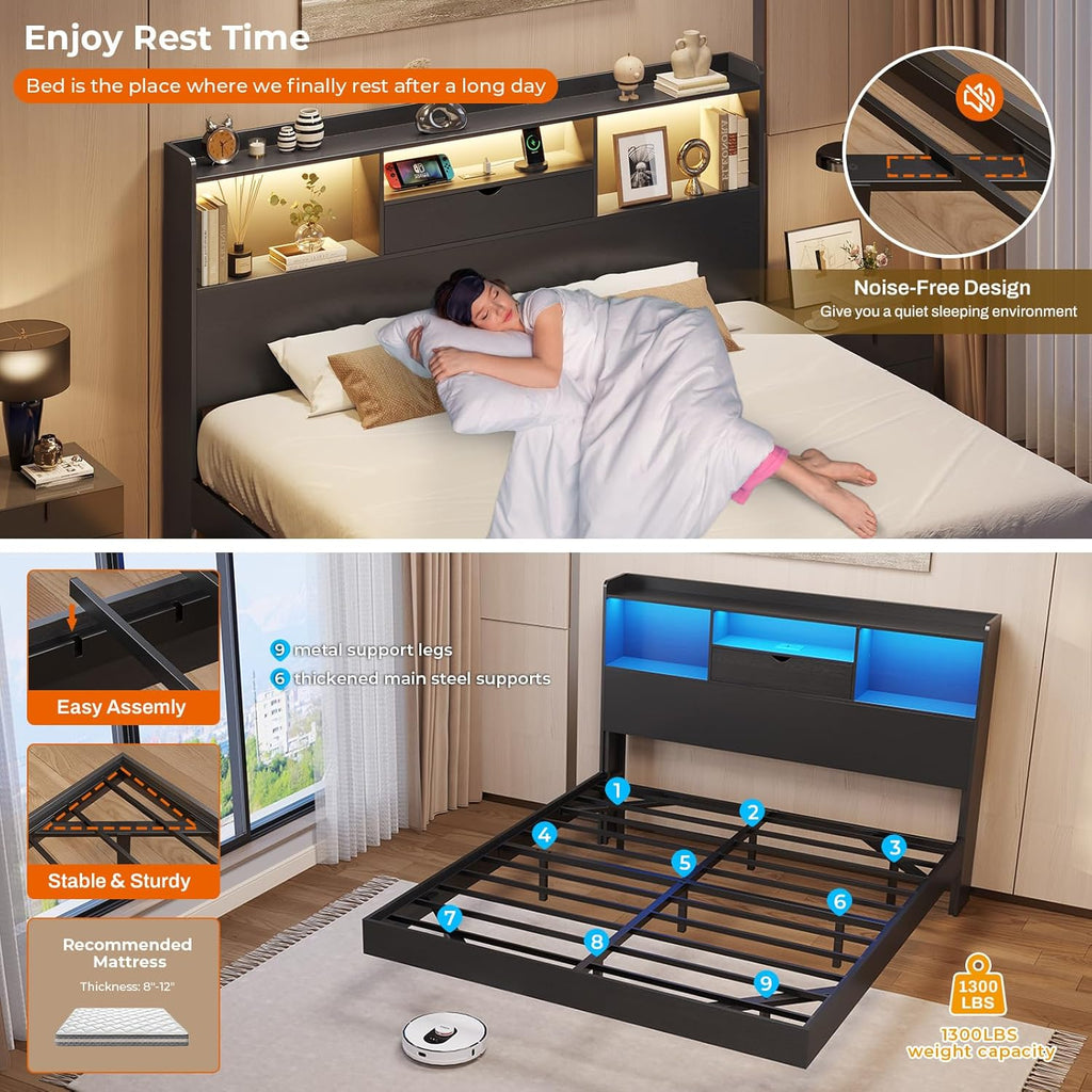 Floating Bed Frame with Charging Station&LED Lights, Full/Queen/King/California King Size Beds,No Box Spring Need
