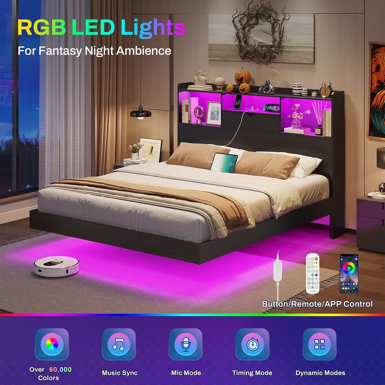 Floating Bed Frame with Charging Station&LED Lights, Full/Queen/King/California King Size Beds,No Box Spring Need