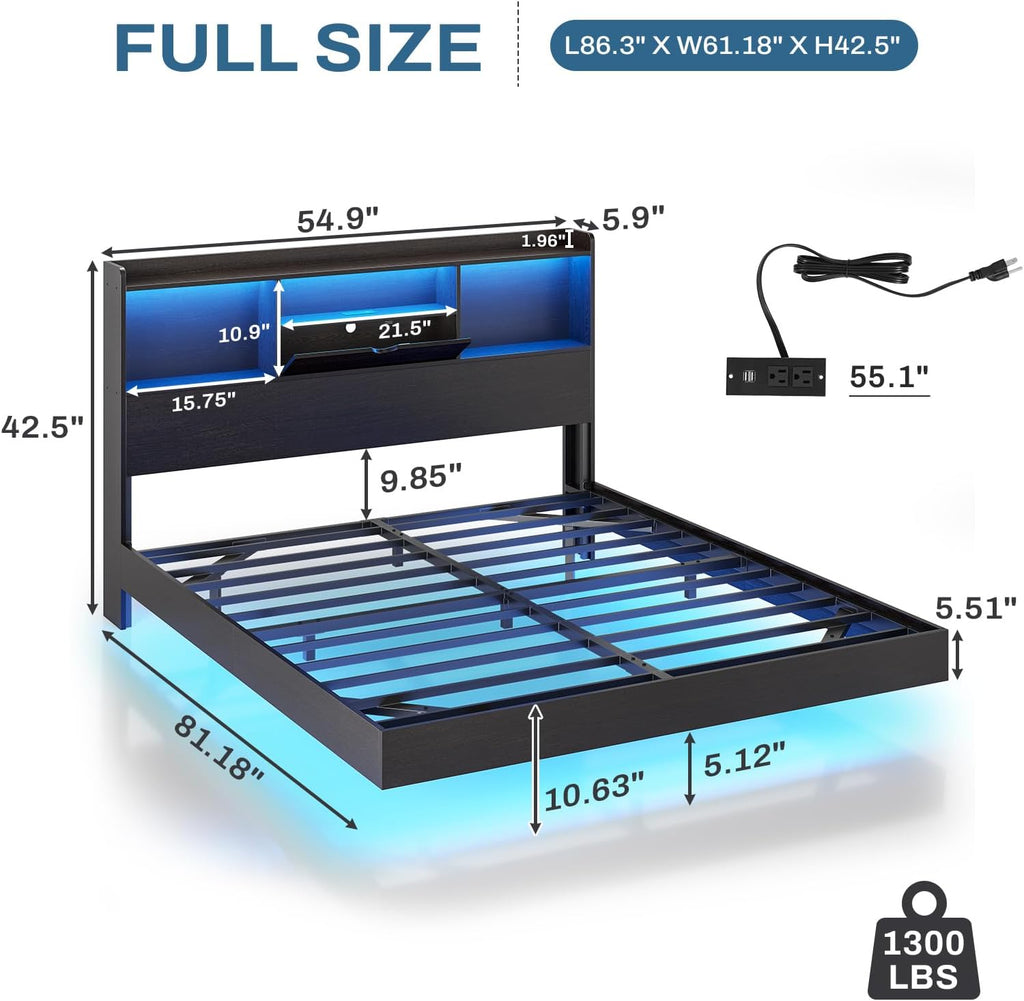 Floating Bed Frame with Charging Station&LED Lights, Full/Queen/King/California King Size Beds,No Box Spring Need
