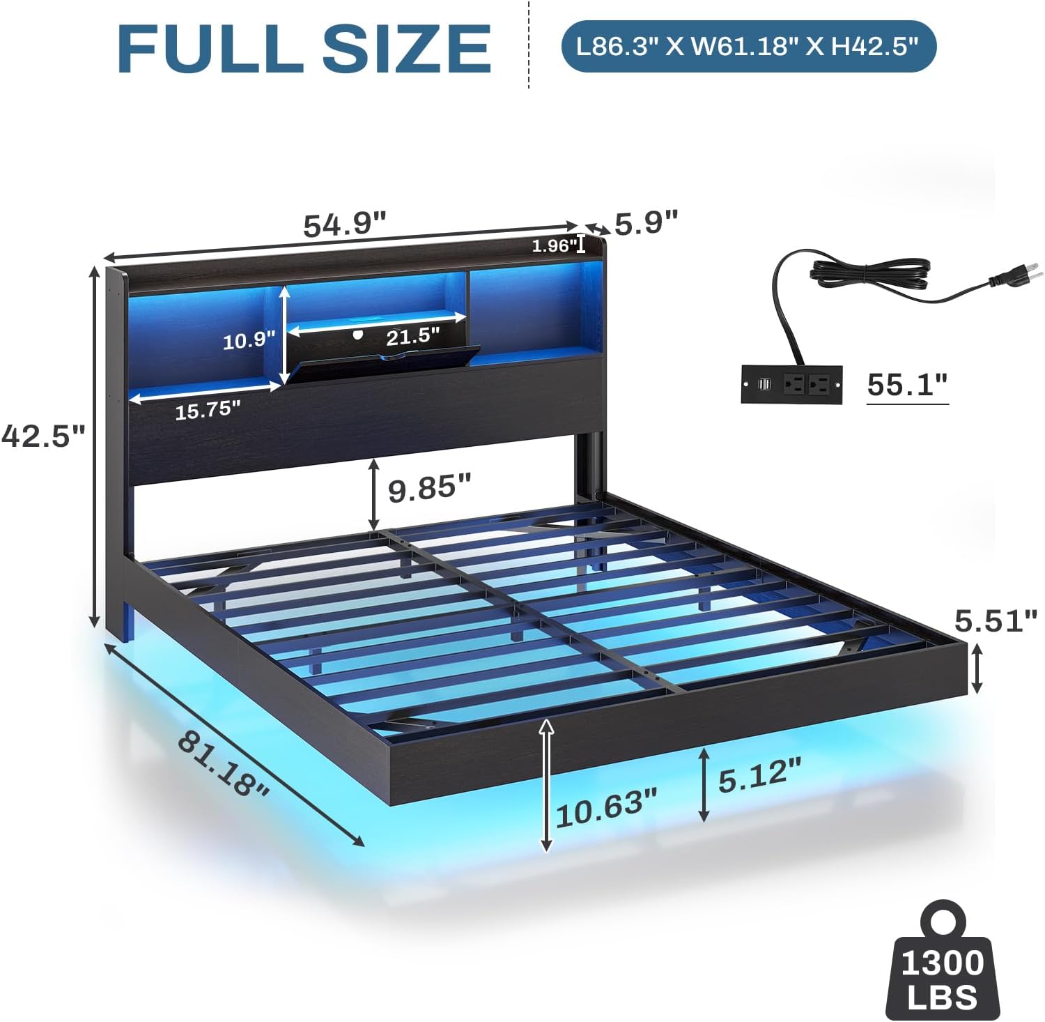 Floating Bed Frame with Charging Station&LED Lights, Full/Queen/King/California King Size Beds,No Box Spring Need