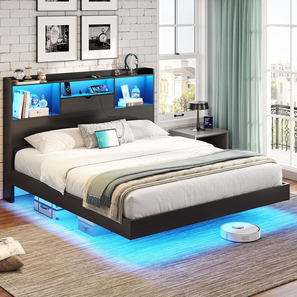 Floating Bed Frame with Charging Station&LED Lights, Full/Queen/King/California King Size Beds,No Box Spring Need
