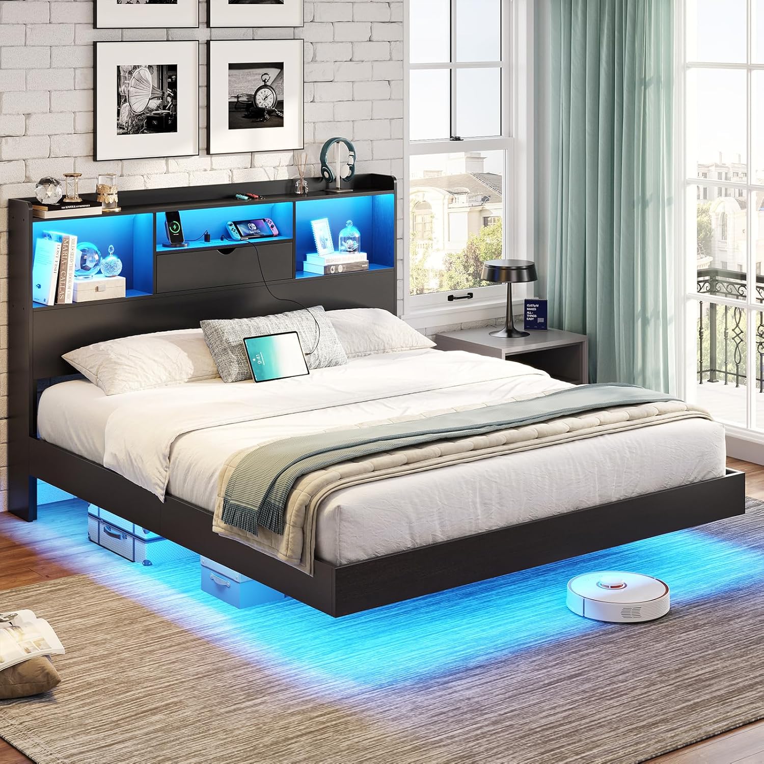 Floating Bed Frame with Charging Station&LED Lights, Full/Queen/King/California King Size Beds,No Box Spring Need