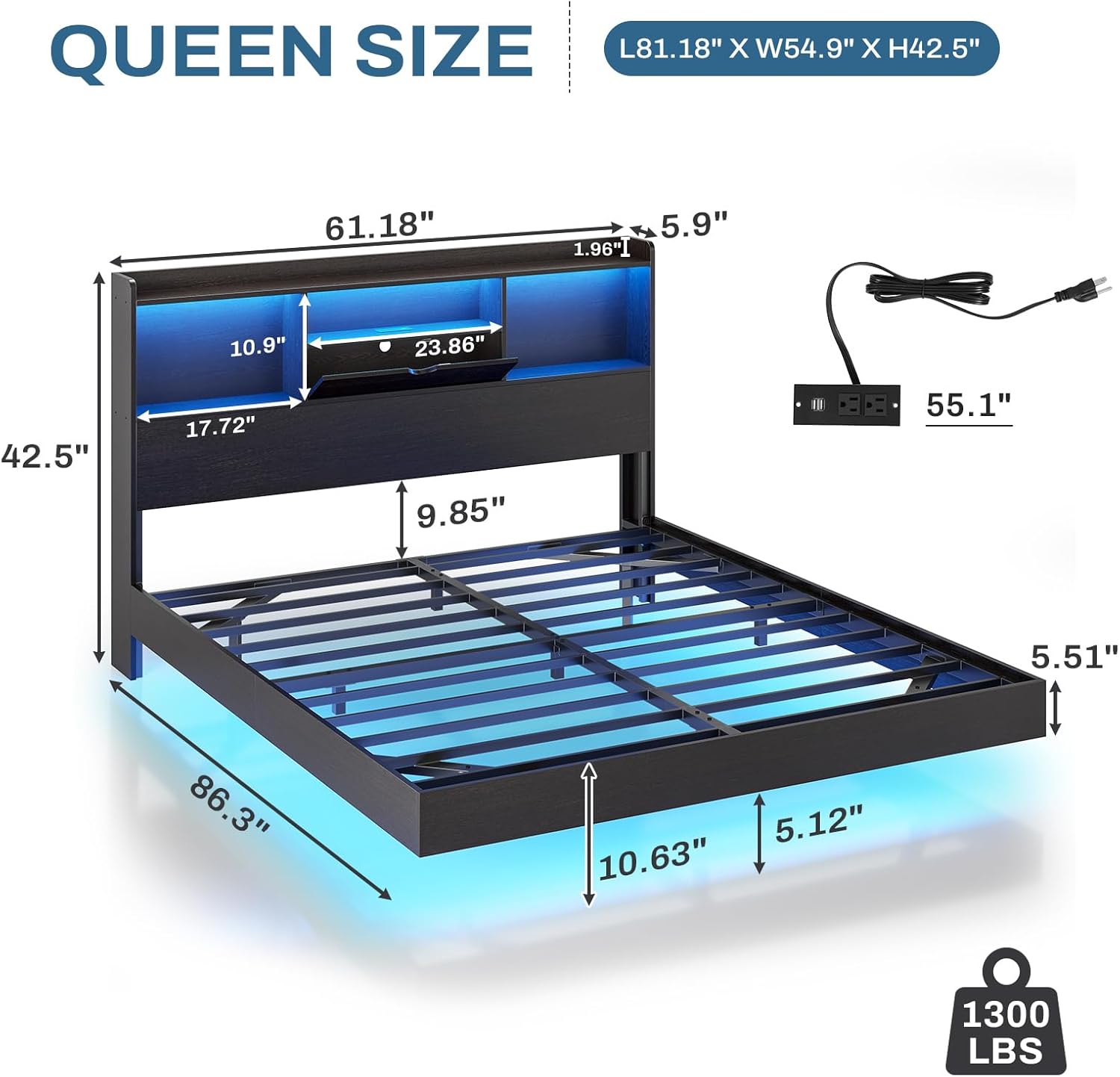 Floating Bed Frame with Charging Station&LED Lights, Full/Queen/King/California King Size Beds,No Box Spring Need