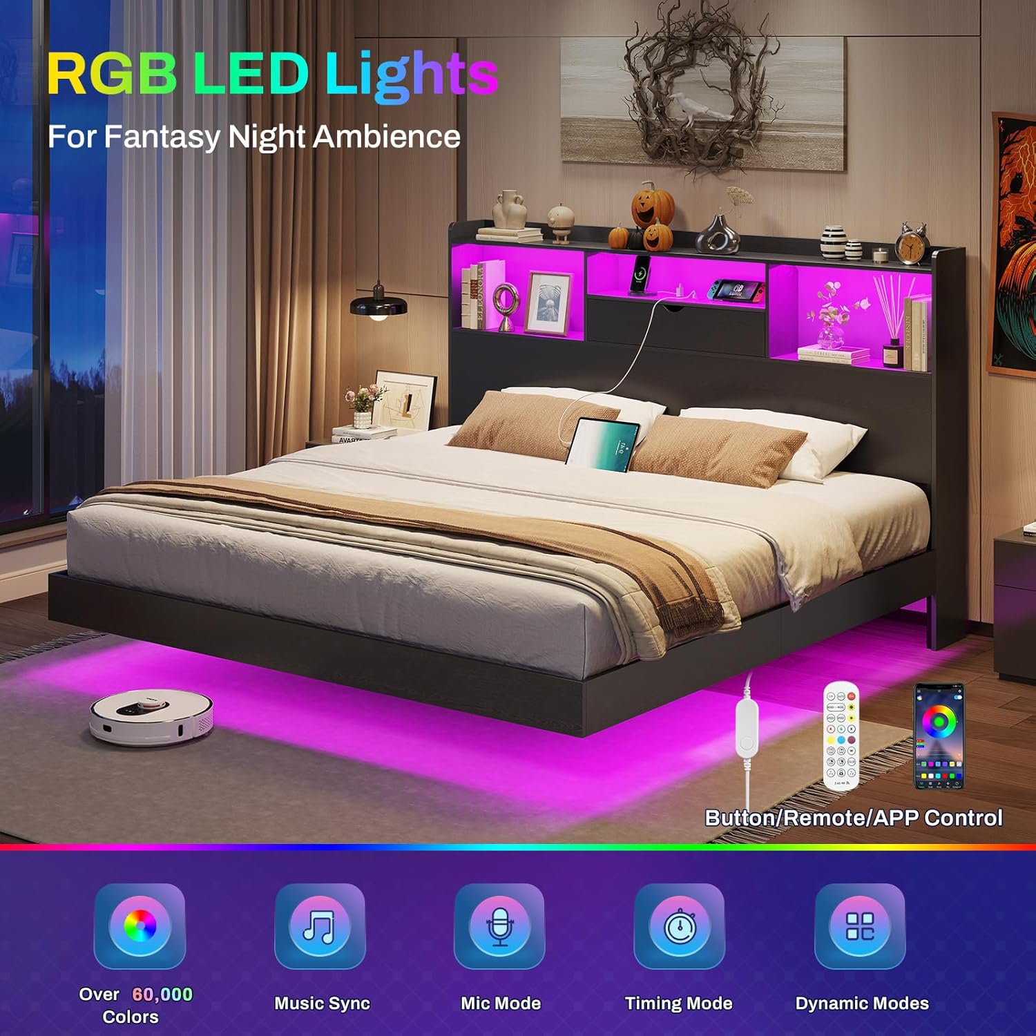Floating Bed Frame with Charging Station&LED Lights, Full/Queen/King/California King Size Beds,No Box Spring Need