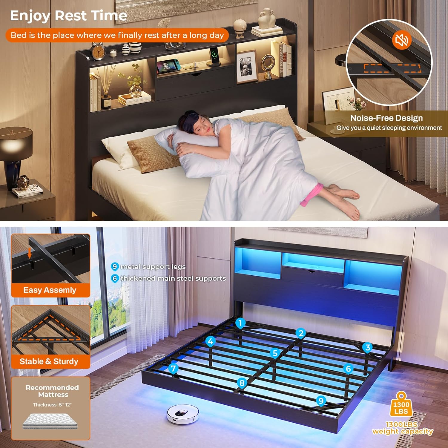 Floating Bed Frame with Charging Station&LED Lights, Full/Queen/King/California King Size Beds,No Box Spring Need