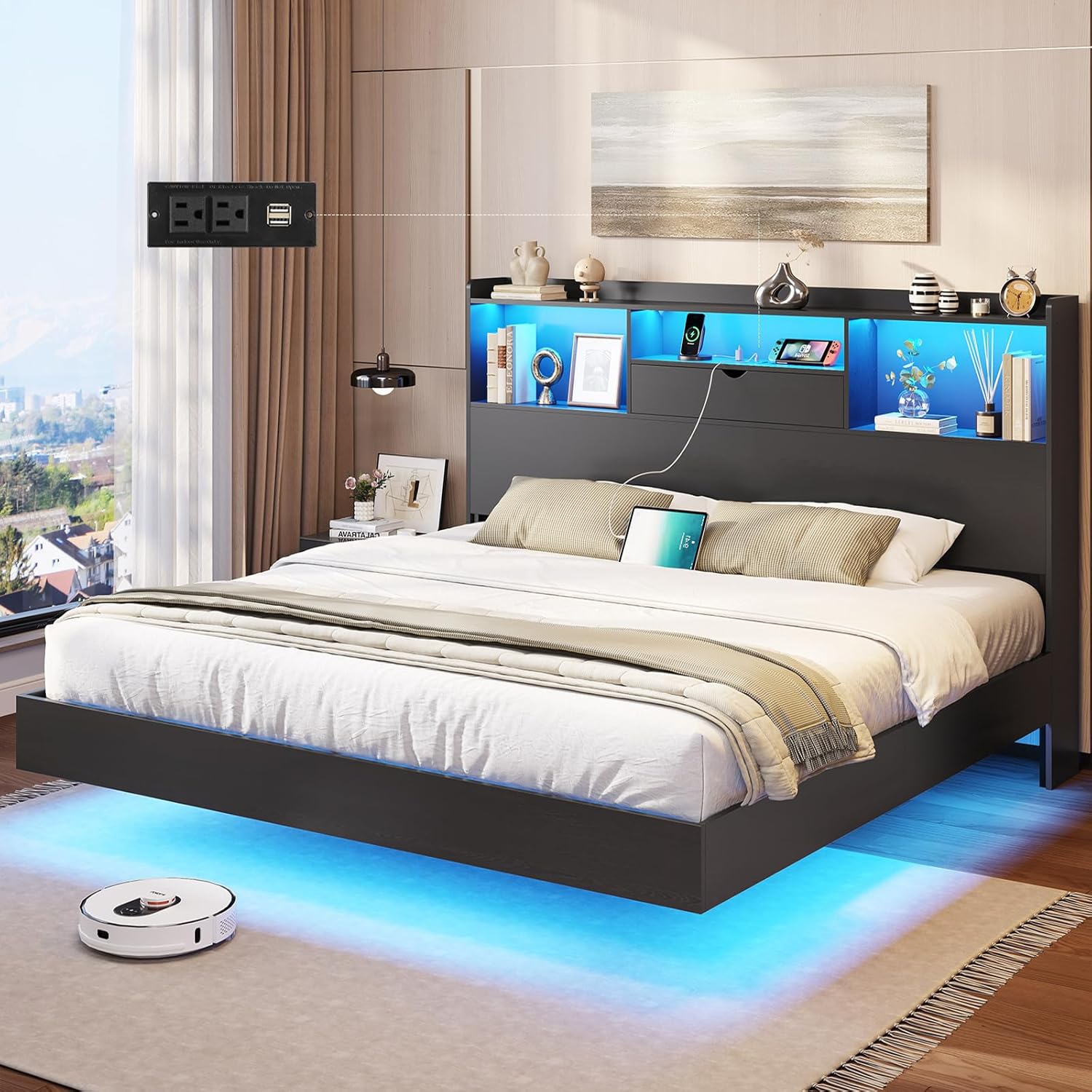 Floating Bed Frame with Charging Station&LED Lights, Full/Queen/King/California King Size Beds,No Box Spring Need