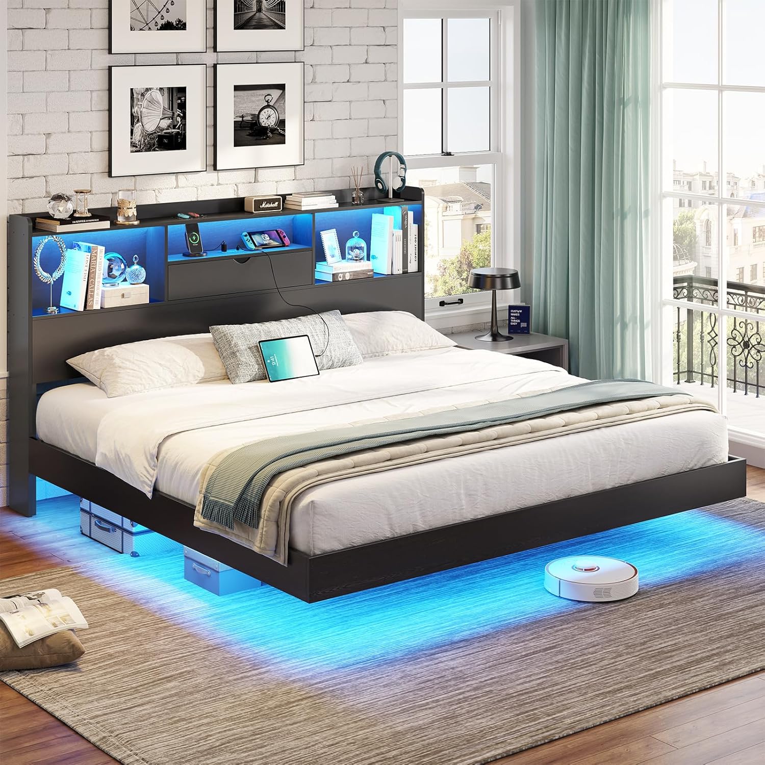 Floating Bed Frame with Charging Station&LED Lights, Full/Queen/King/California King Size Beds,No Box Spring Need