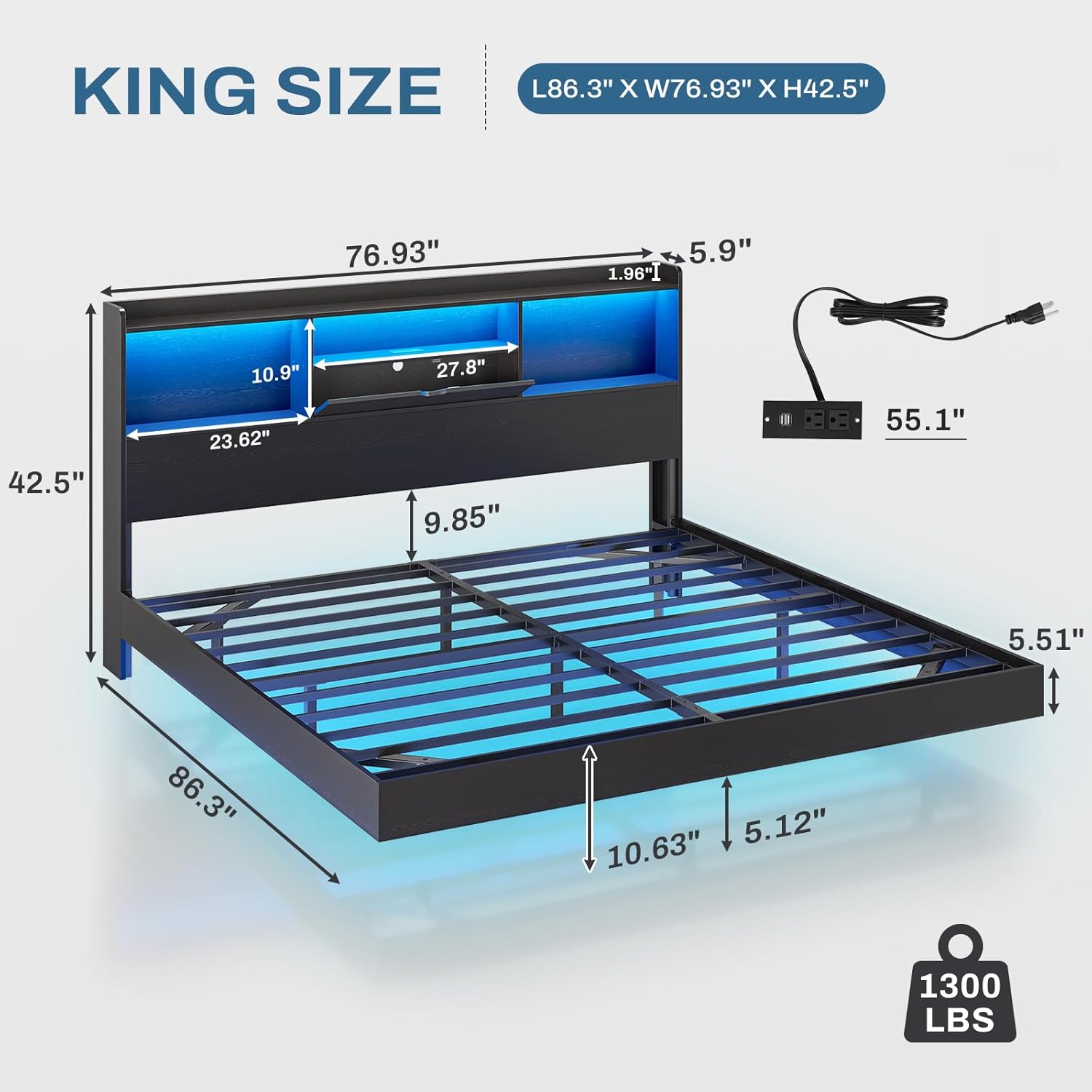 Floating Bed Frame with Charging Station&LED Lights, Full/Queen/King/California King Size Beds,No Box Spring Need
