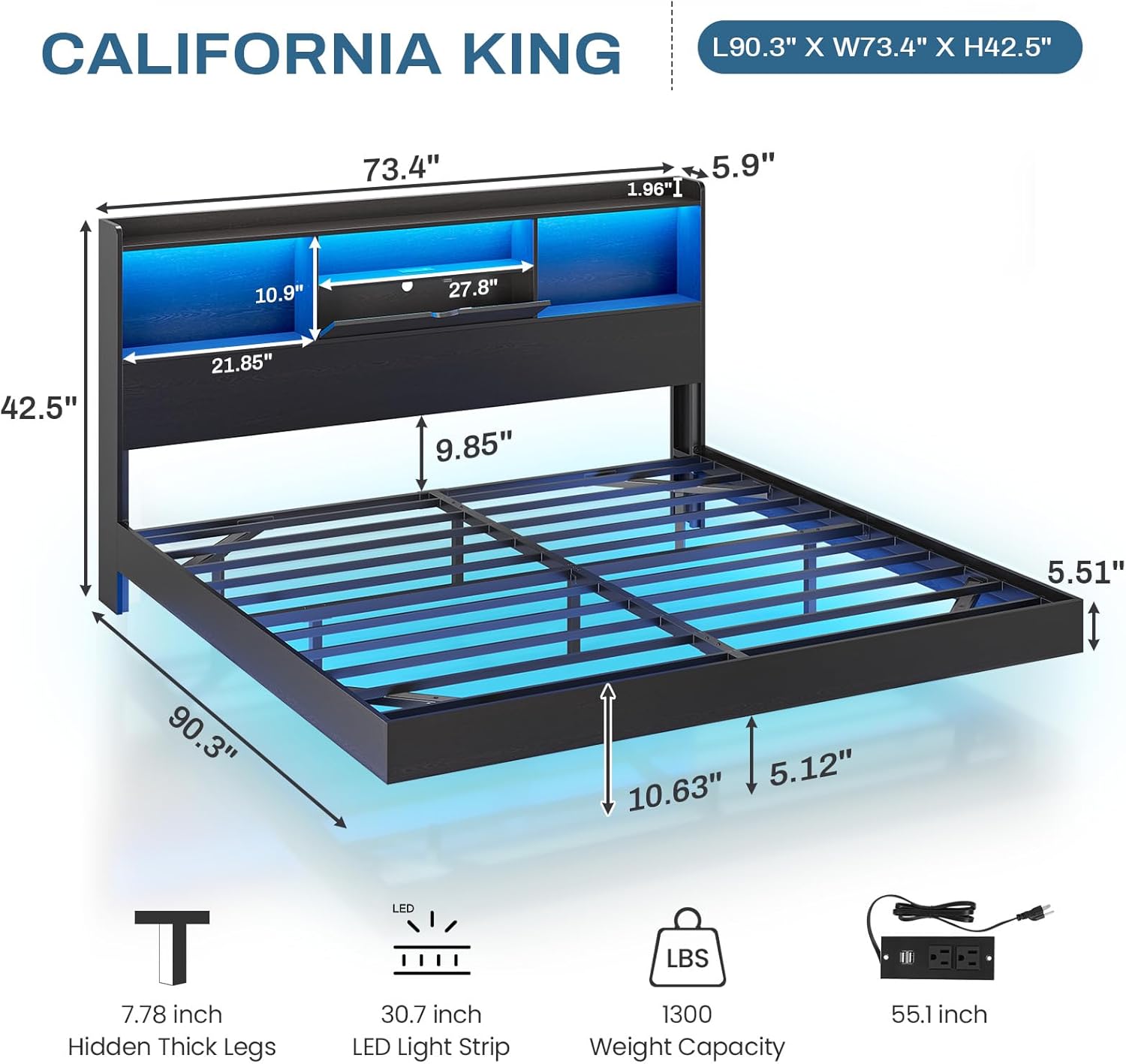 Floating Bed Frame with Charging Station&LED Lights, Full/Queen/King/California King Size Beds,No Box Spring Need