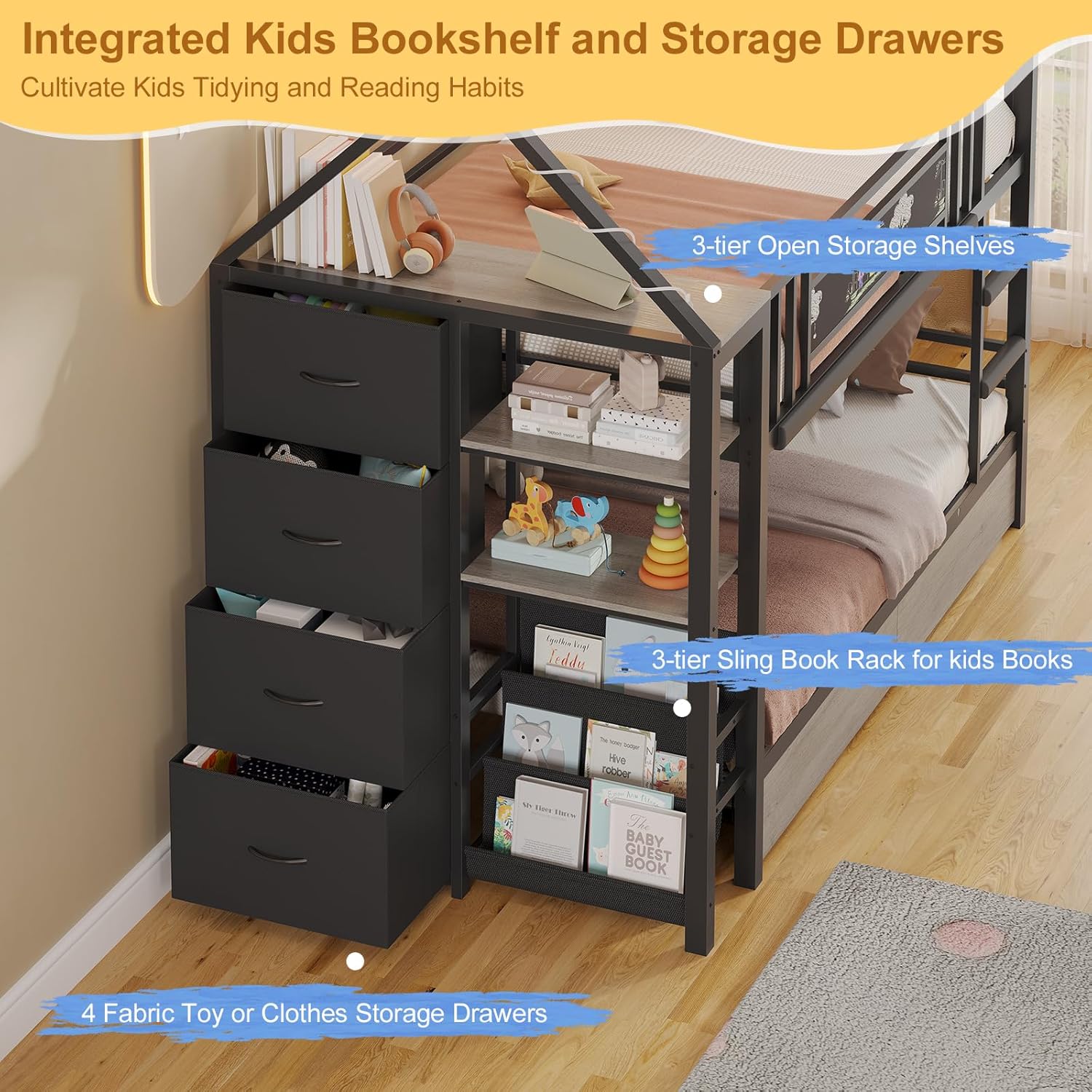 Twin Bunk Bed with Globe String Lights, 6 Storage Drawers, Charging Stations, Montessori Bookshelf, Open Shelf, Ladder and Guardrail