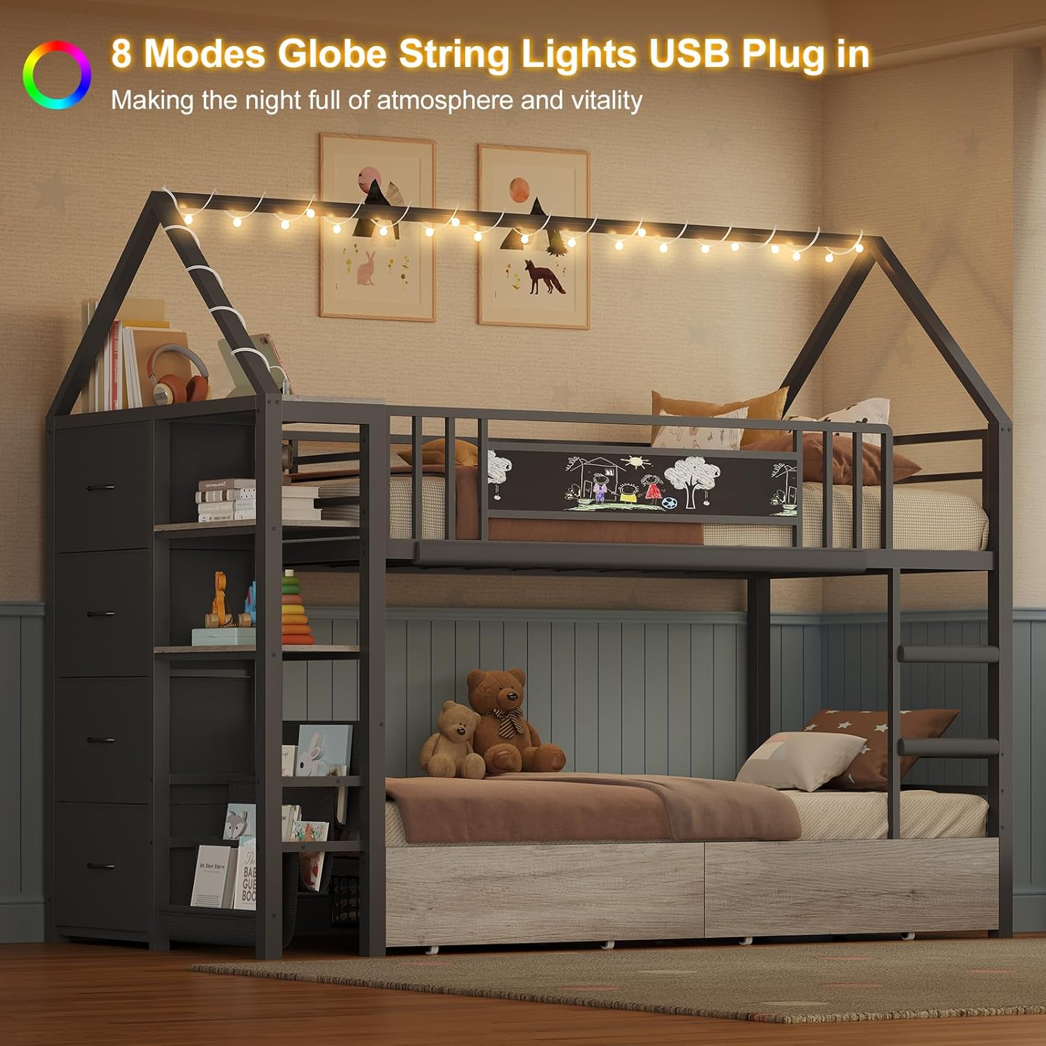 Twin Bunk Bed with Globe String Lights, 6 Storage Drawers, Charging Stations, Montessori Bookshelf, Open Shelf, Ladder and Guardrail