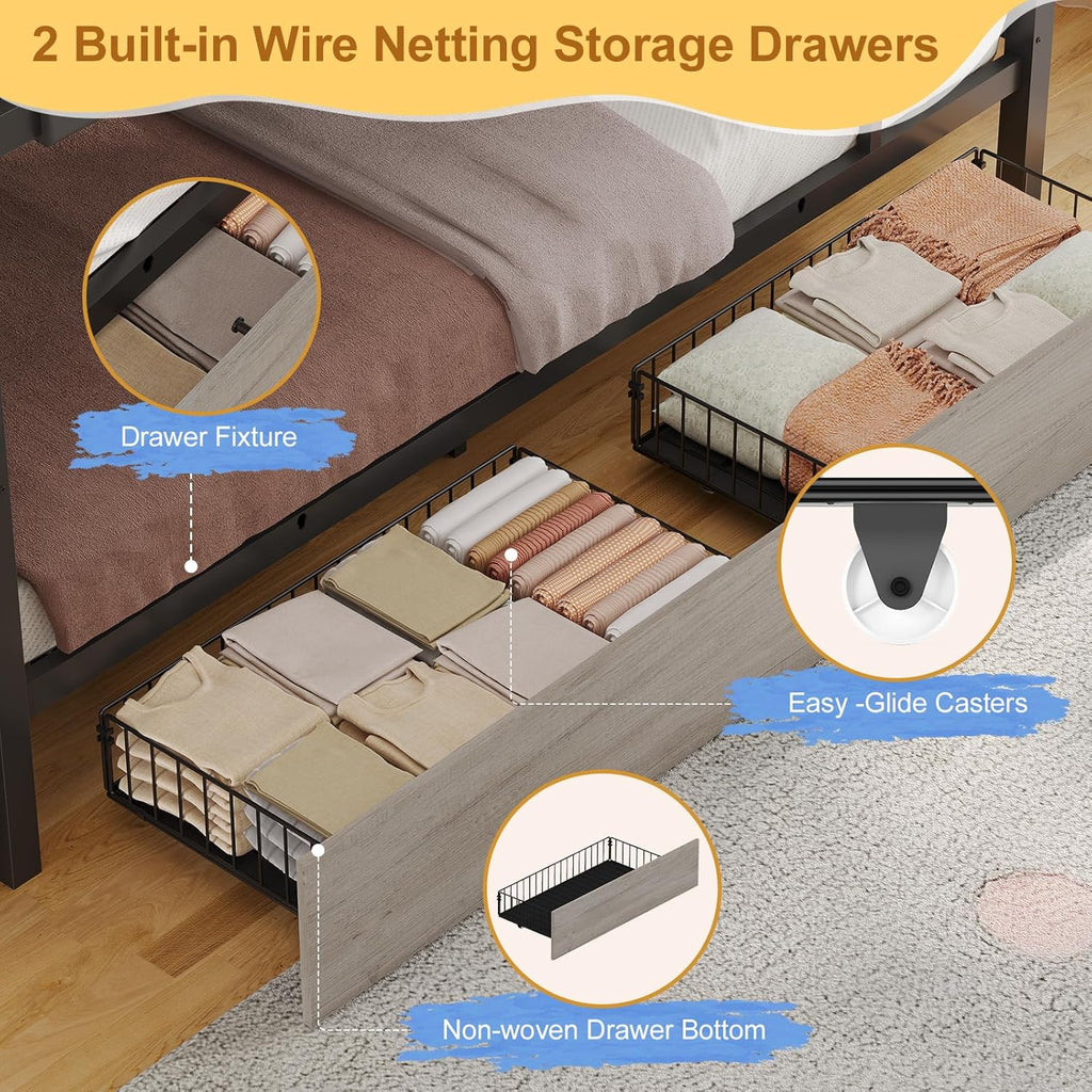 Twin Bunk Bed with Globe String Lights, 6 Storage Drawers, Charging Stations, Montessori Bookshelf, Open Shelf, Ladder and Guardrail