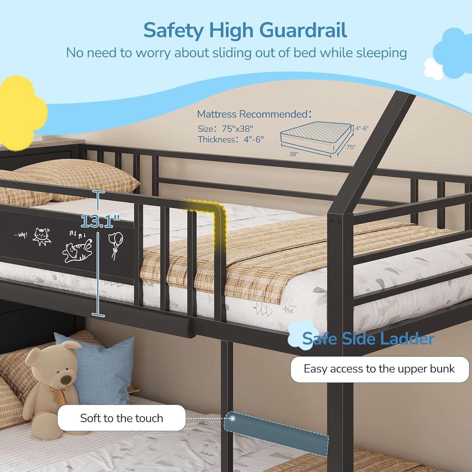 Twin Bunk Bed with Globe String Lights, 6 Storage Drawers, Charging Stations, Montessori Bookshelf, Open Shelf, Ladder and Guardrail
