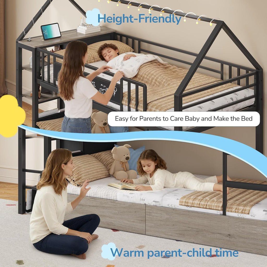 Twin Bunk Bed with Globe String Lights, 6 Storage Drawers, Charging Stations, Montessori Bookshelf, Open Shelf, Ladder and Guardrail