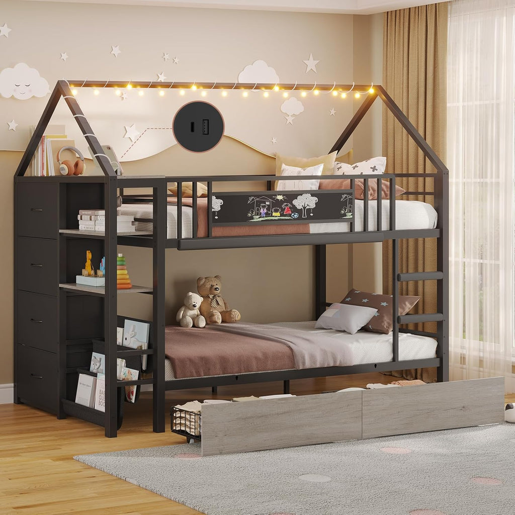 Twin Bunk Bed with Globe String Lights, 6 Storage Drawers, Charging Stations, Montessori Bookshelf, Open Shelf, Ladder and Guardrail