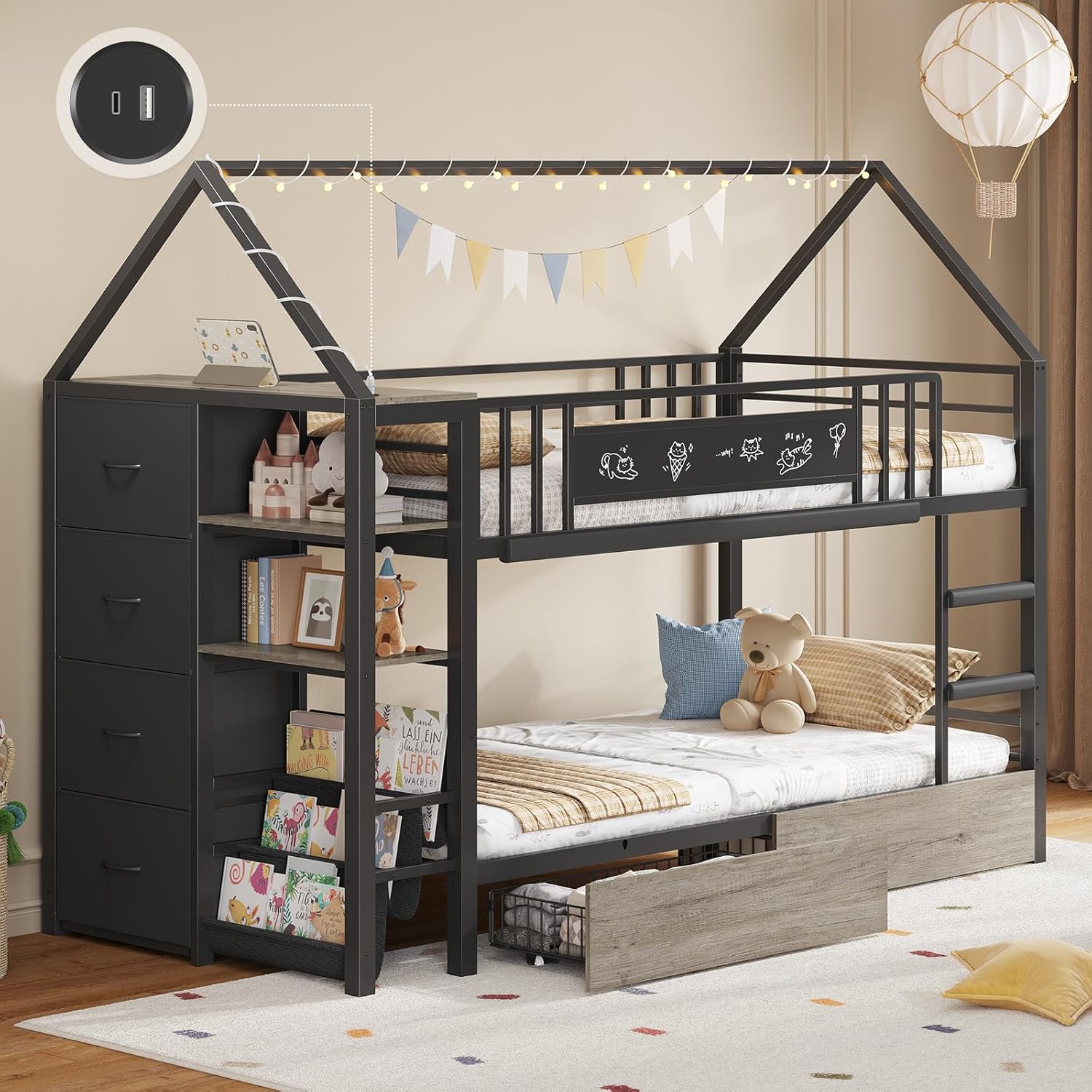 Twin Bunk Bed with Globe String Lights, 6 Storage Drawers, Charging Stations, Montessori Bookshelf, Open Shelf, Ladder and Guardrail