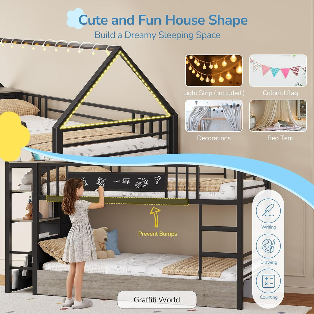 Twin Bunk Bed with Globe String Lights, 6 Storage Drawers, Charging Stations, Montessori Bookshelf, Open Shelf, Ladder and Guardrail