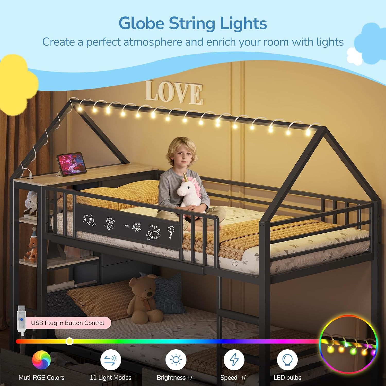 Twin Bunk Bed with Globe String Lights, 6 Storage Drawers, Charging Stations, Montessori Bookshelf, Open Shelf, Ladder and Guardrail
