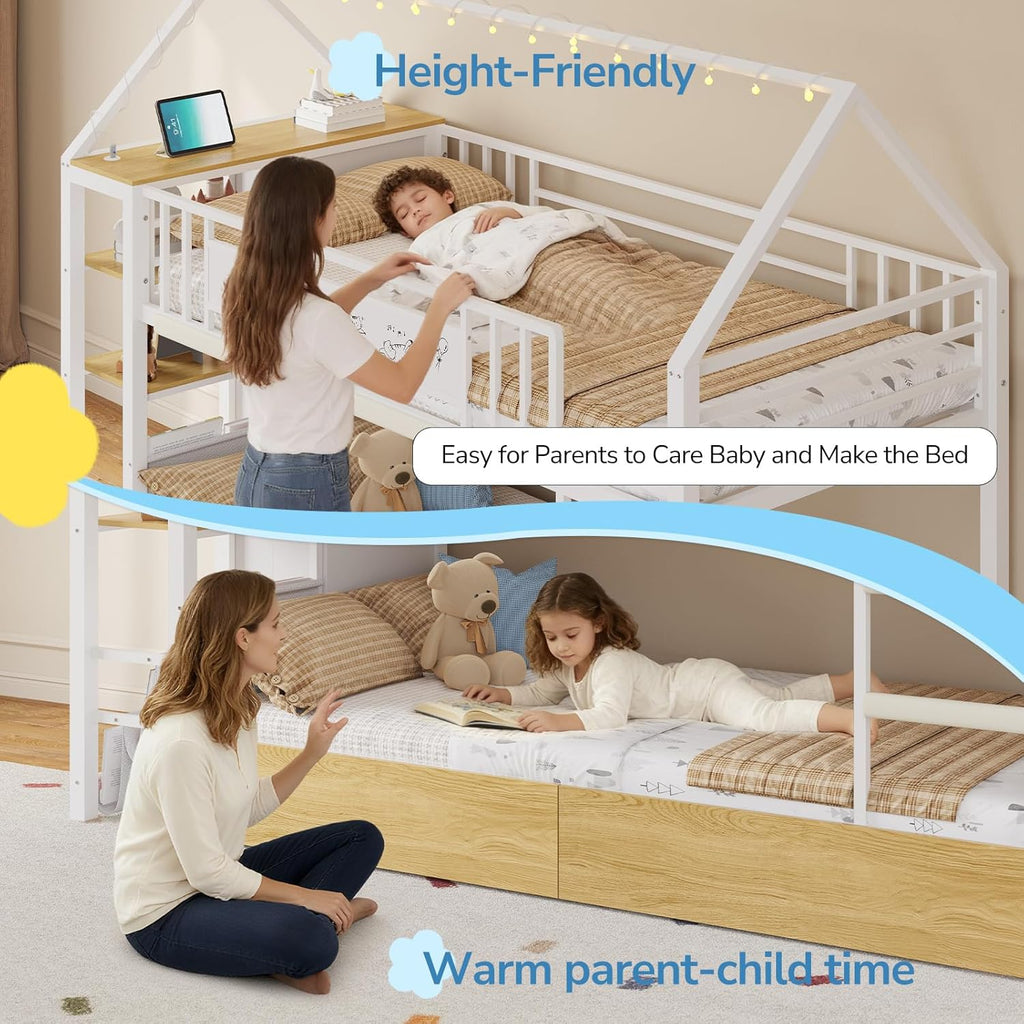 Twin Bunk Bed with Globe String Lights, 6 Storage Drawers, Charging Stations, Montessori Bookshelf, Open Shelf, Ladder and Guardrail