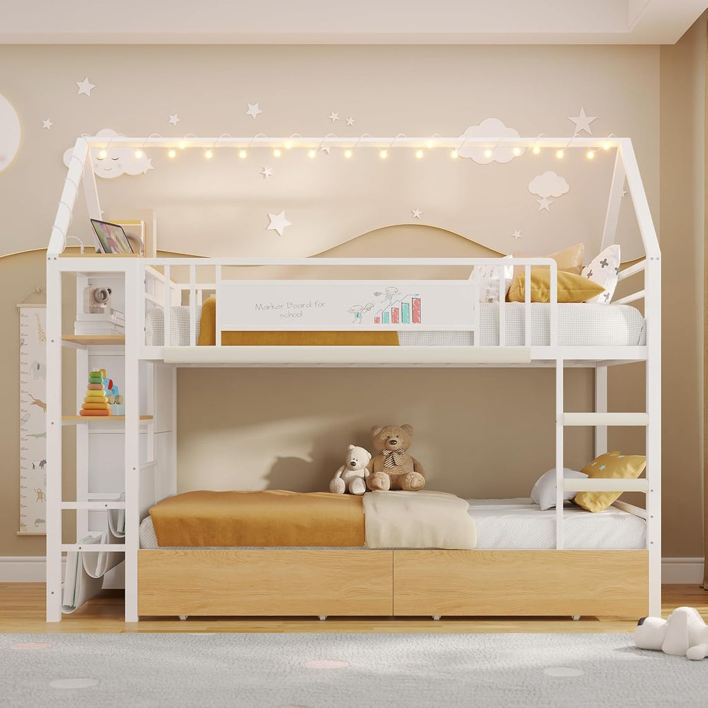 Twin Bunk Bed with Globe String Lights, 6 Storage Drawers, Charging Stations, Montessori Bookshelf, Open Shelf, Ladder and Guardrail