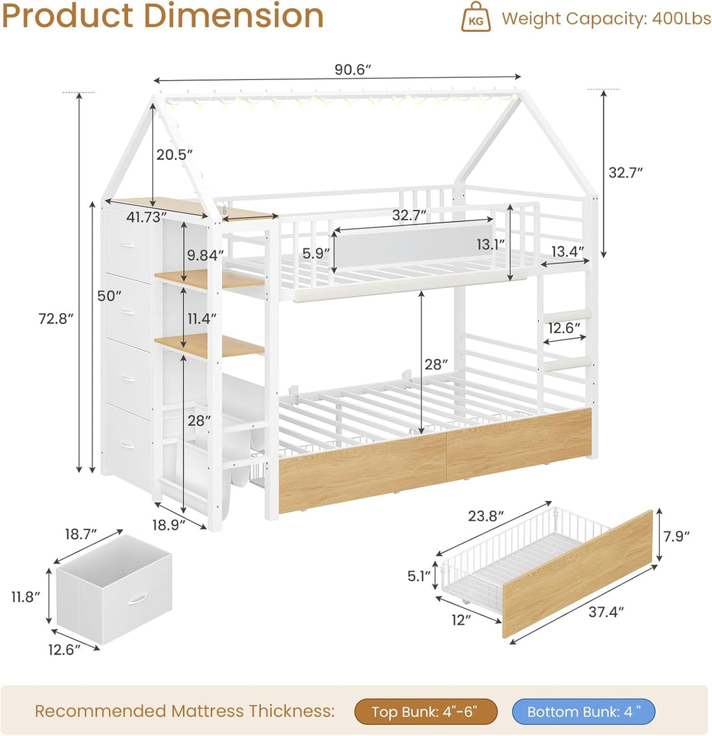 Twin Bunk Bed with Globe String Lights, 6 Storage Drawers, Charging Stations, Montessori Bookshelf, Open Shelf, Ladder and Guardrail