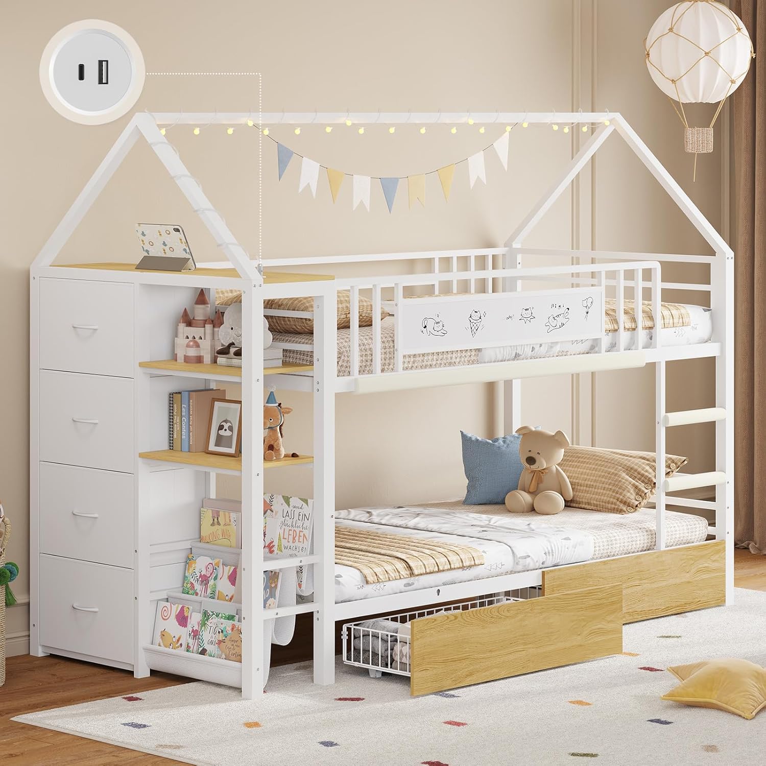 Twin Bunk Bed with Globe String Lights, 6 Storage Drawers, Charging Stations, Montessori Bookshelf, Open Shelf, Ladder and Guardrail