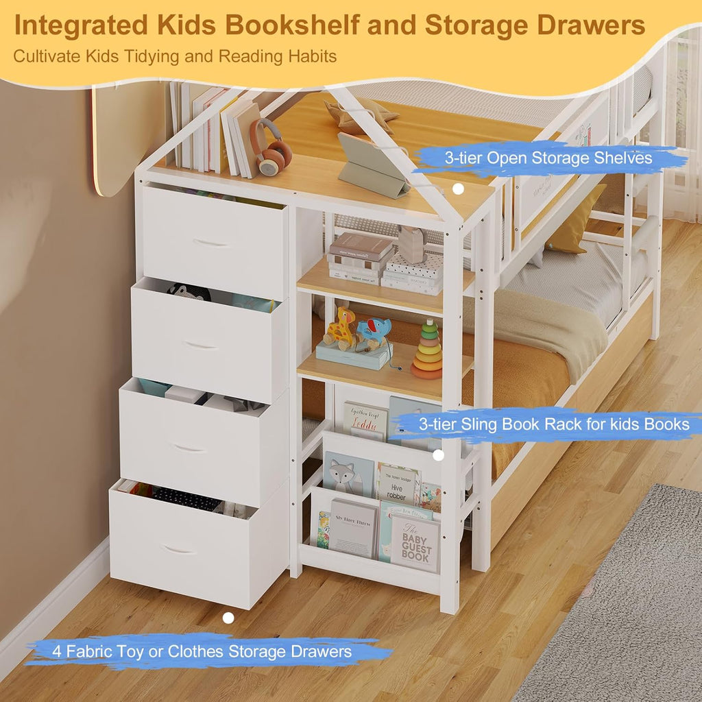 Twin Bunk Bed with Globe String Lights, 6 Storage Drawers, Charging Stations, Montessori Bookshelf, Open Shelf, Ladder and Guardrail