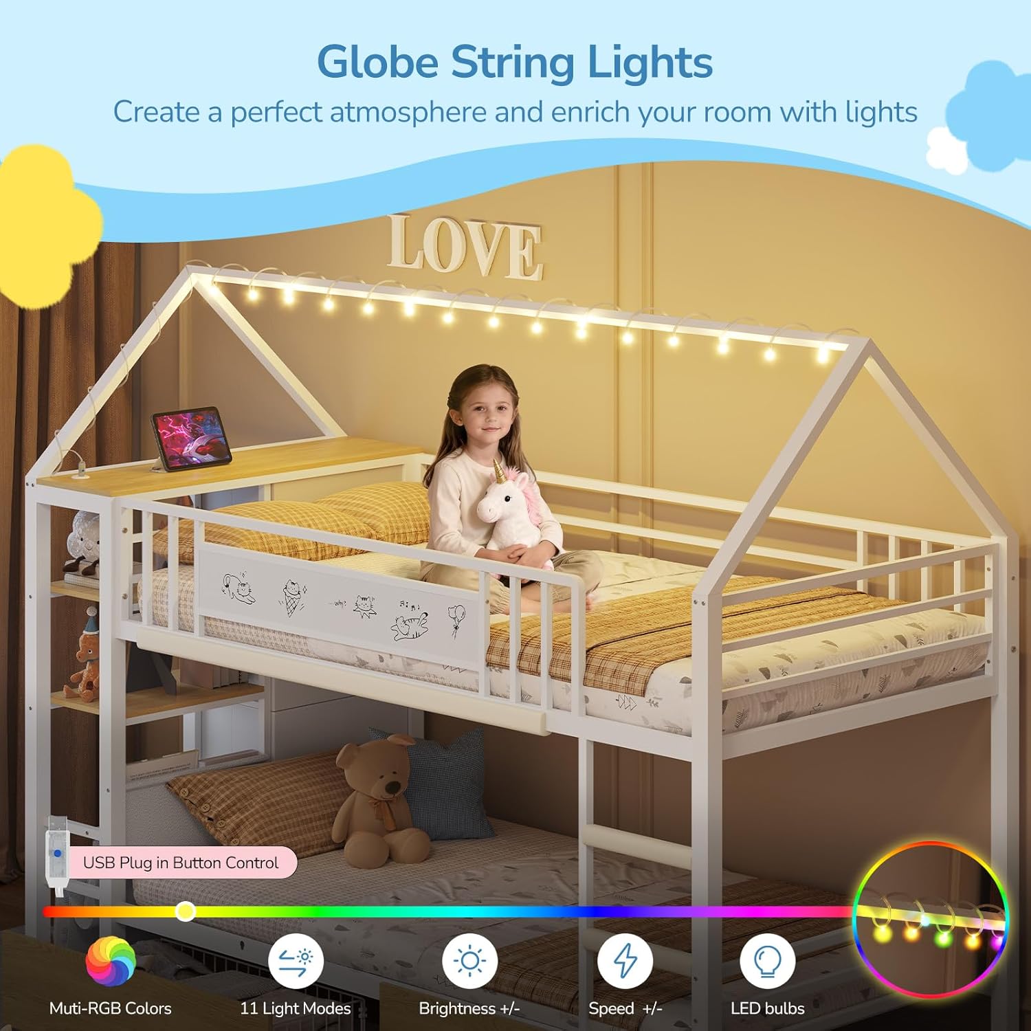 Twin Bunk Bed with Globe String Lights, 6 Storage Drawers, Charging Stations, Montessori Bookshelf, Open Shelf, Ladder and Guardrail