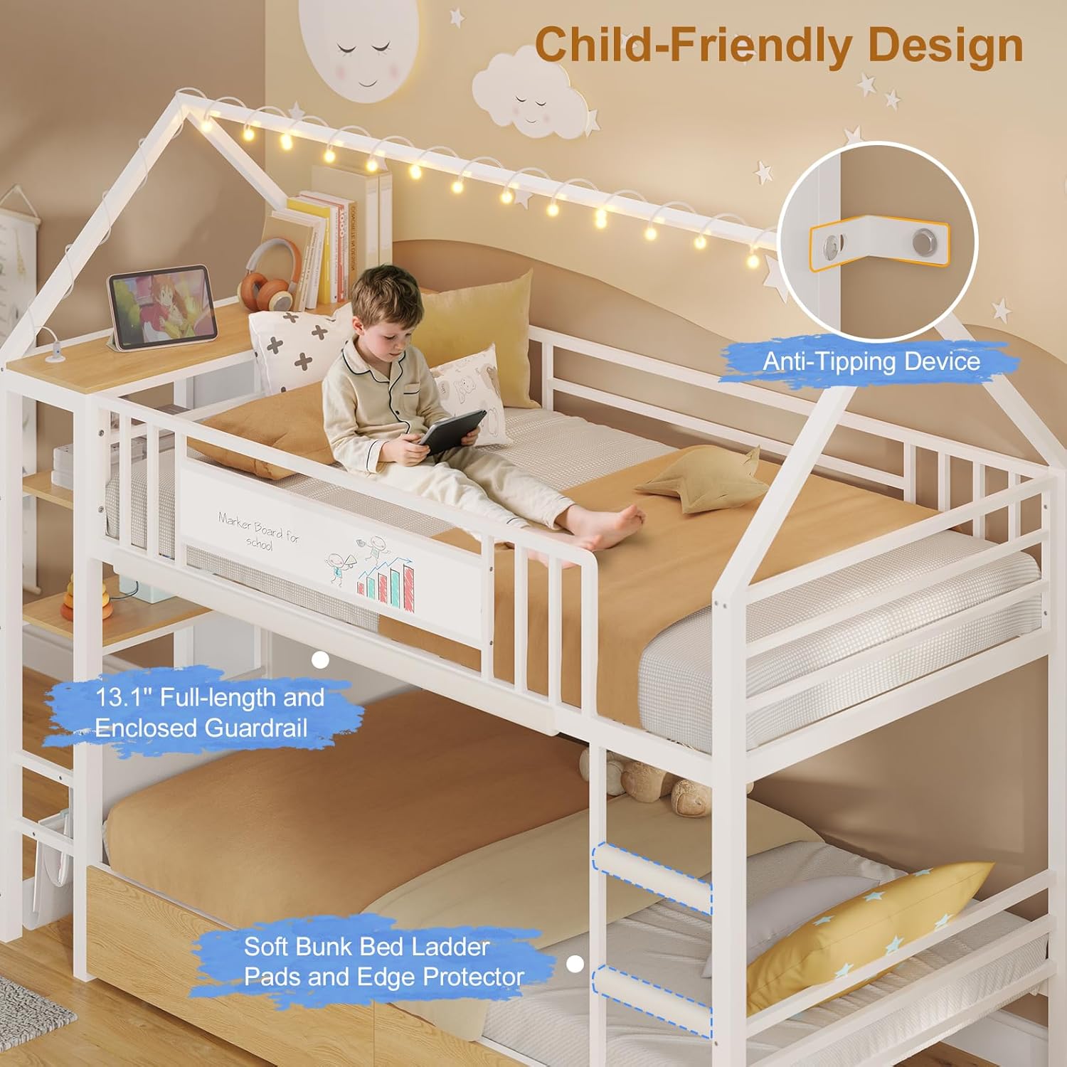 Twin Bunk Bed with Globe String Lights, 6 Storage Drawers, Charging Stations, Montessori Bookshelf, Open Shelf, Ladder and Guardrail