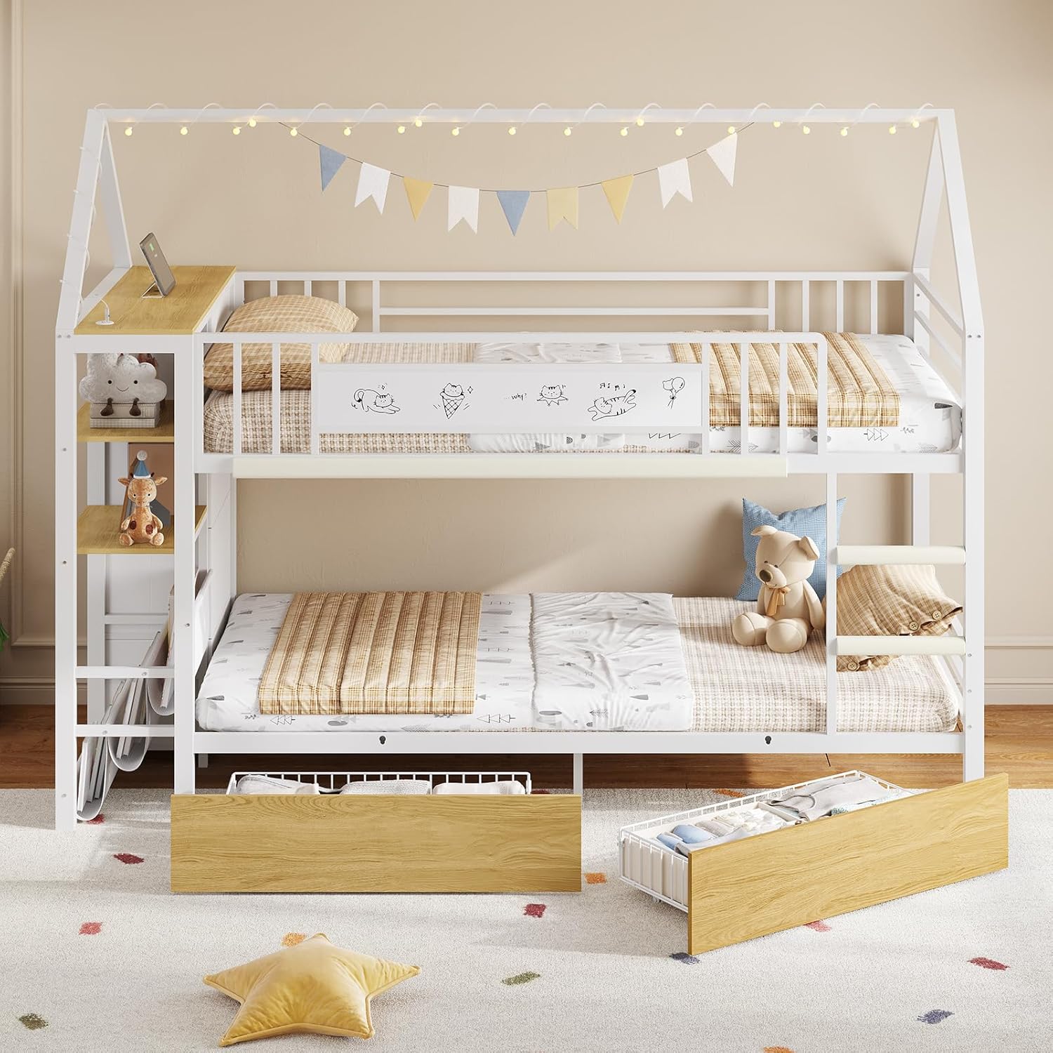 Twin Bunk Bed with Globe String Lights, 6 Storage Drawers, Charging Stations, Montessori Bookshelf, Open Shelf, Ladder and Guardrail