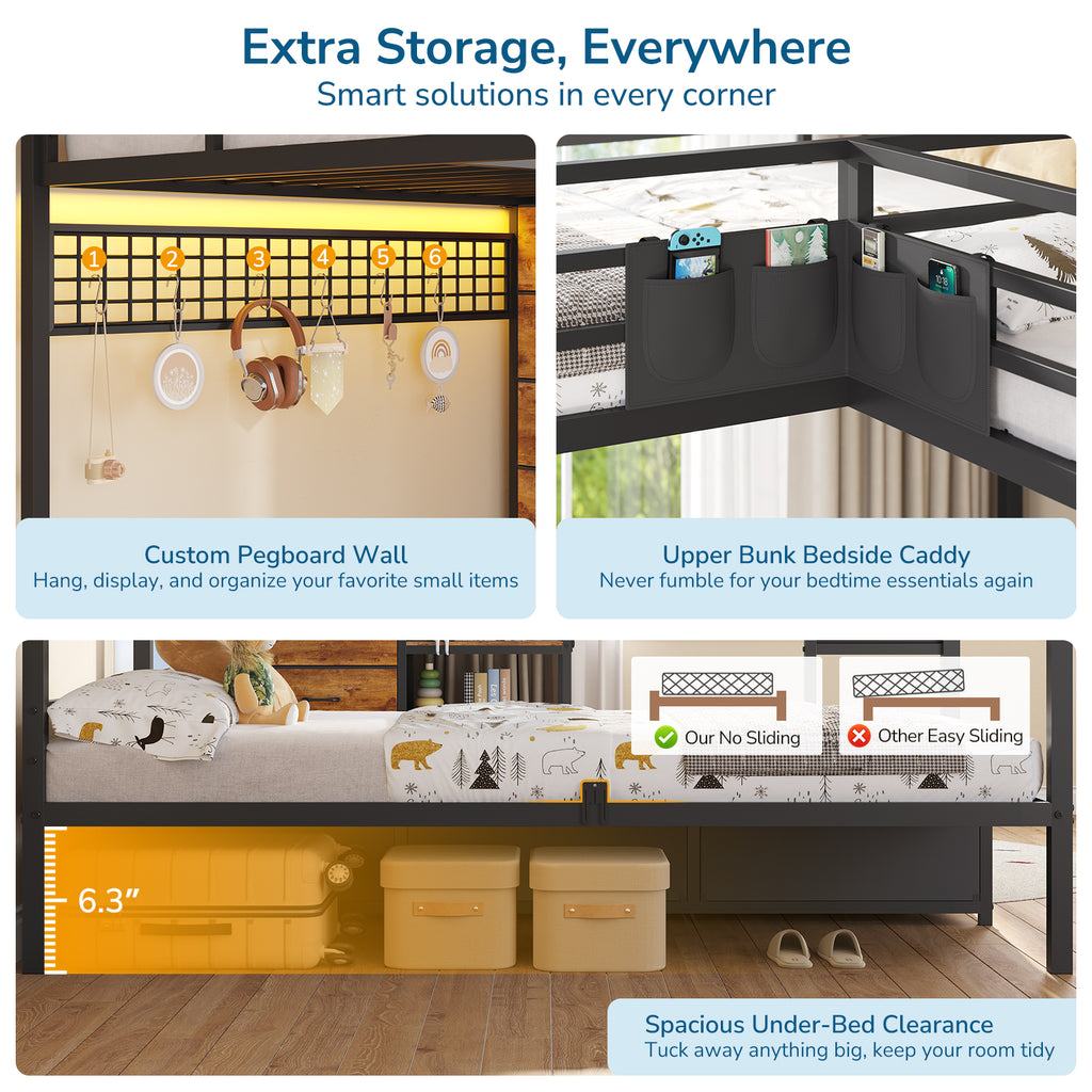 Triple Bunk Bed with 9 Storage Drawers, LED Lights, Open Shelves, Pegboard and Bedside Caddy for 3 Teens