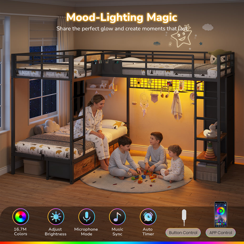 Triple Bunk Bed with 9 Storage Drawers, LED Lights, Open Shelves, Pegboard and Bedside Caddy for 3 Teens