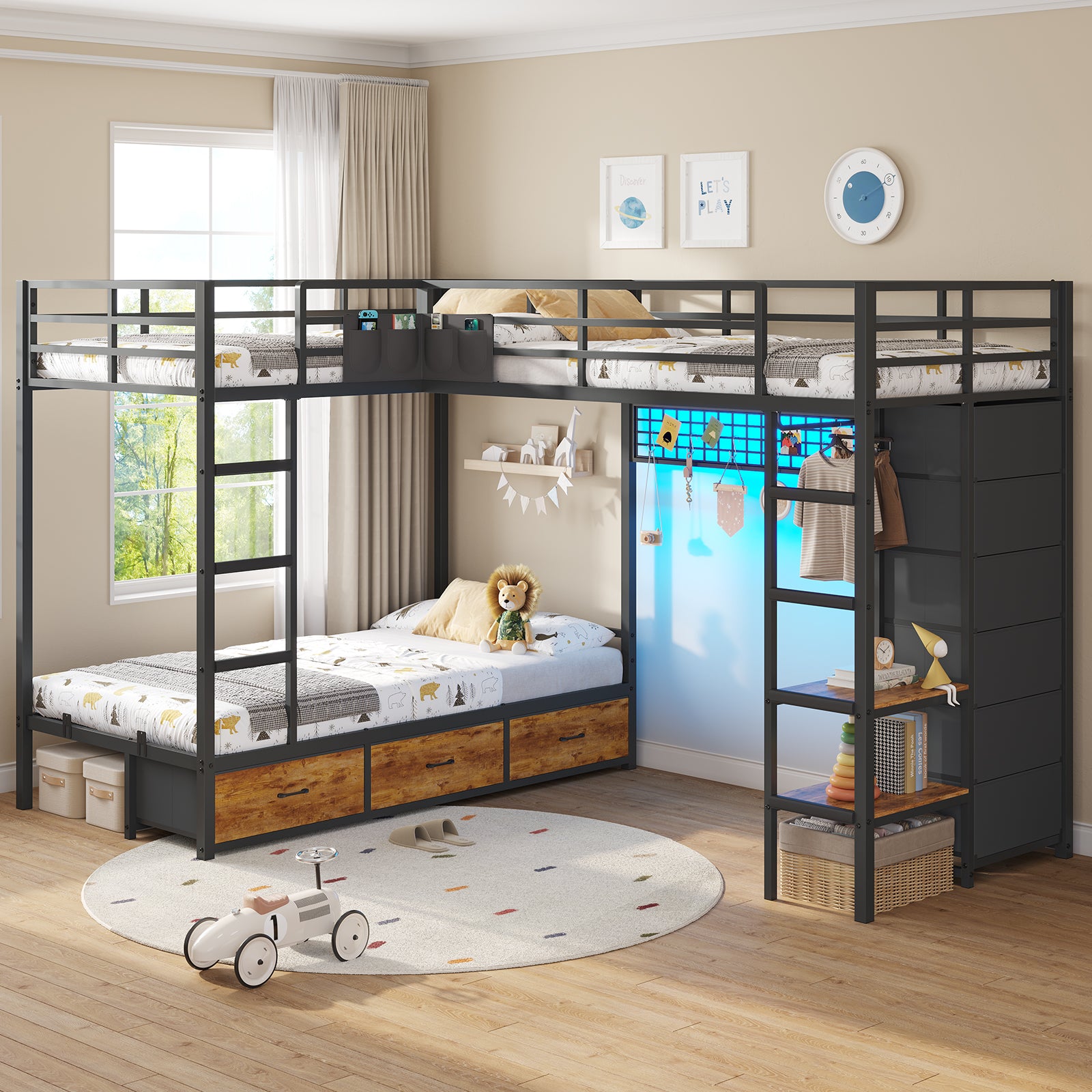 Triple Bunk Bed with 9 Storage Drawers, LED Lights, Open Shelves, Pegboard and Bedside Caddy for 3 Teens