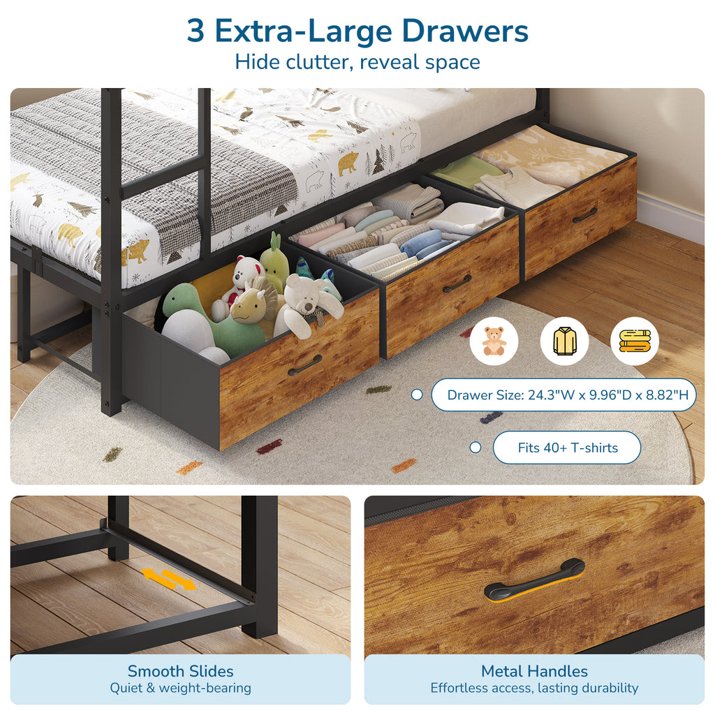 Triple Bunk Bed with 9 Storage Drawers, LED Lights, Open Shelves, Pegboard and Bedside Caddy for 3 Teens