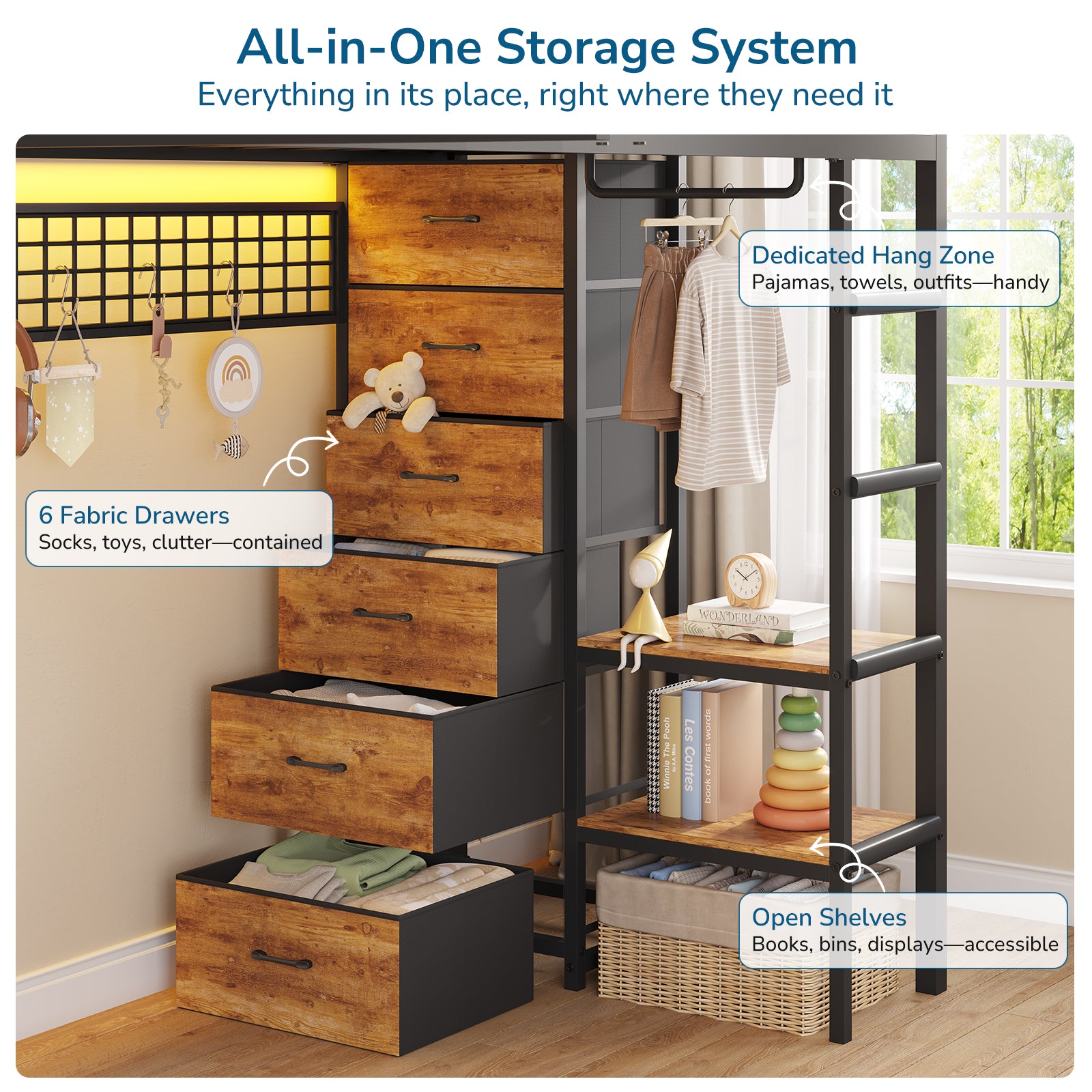 Triple Bunk Bed with 9 Storage Drawers, LED Lights, Open Shelves, Pegboard and Bedside Caddy for 3 Teens