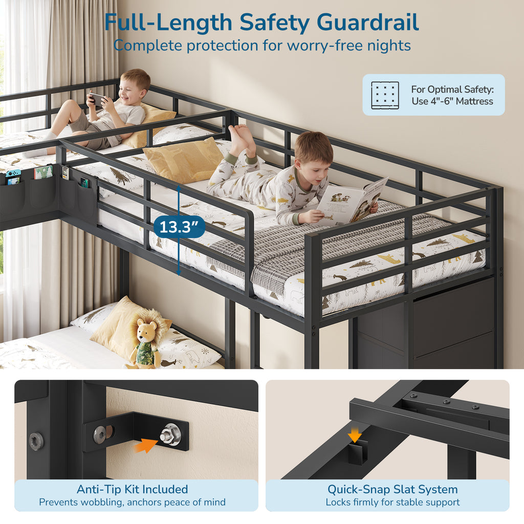 Triple Bunk Bed with 9 Storage Drawers, LED Lights, Open Shelves, Pegboard and Bedside Caddy for 3 Teens