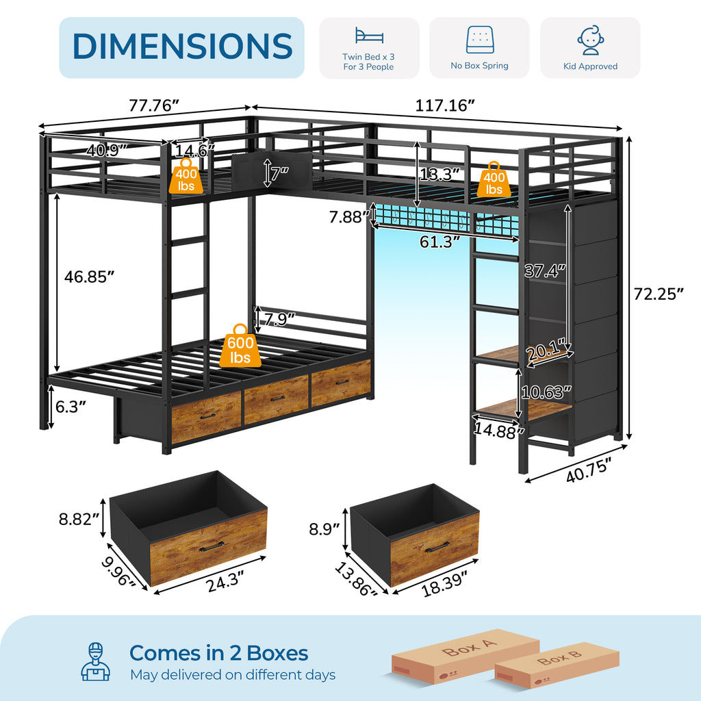 Triple Bunk Bed with 9 Storage Drawers, LED Lights, Open Shelves, Pegboard and Bedside Caddy for 3 Teens